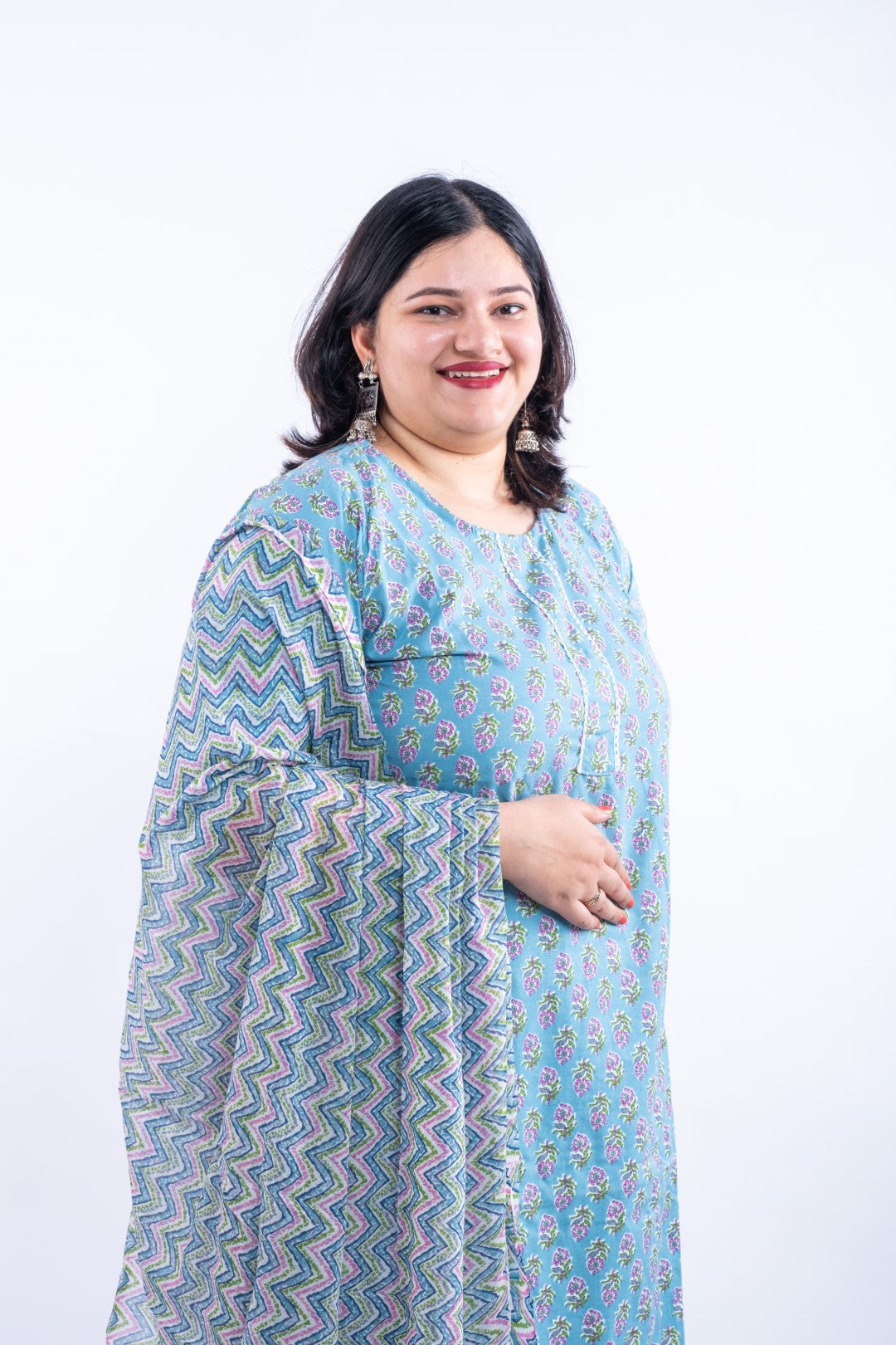 Sapphire Blue Printed Cotton Plus Size Suit
