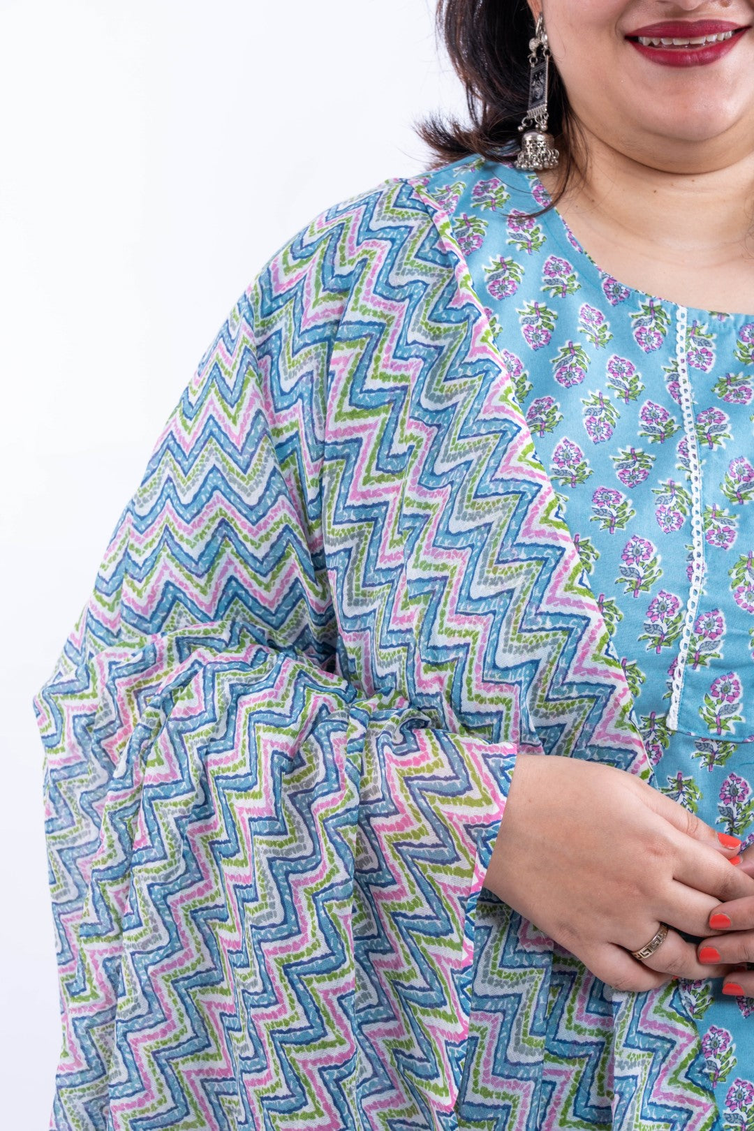 Sapphire Blue Printed Cotton Plus Size Suit