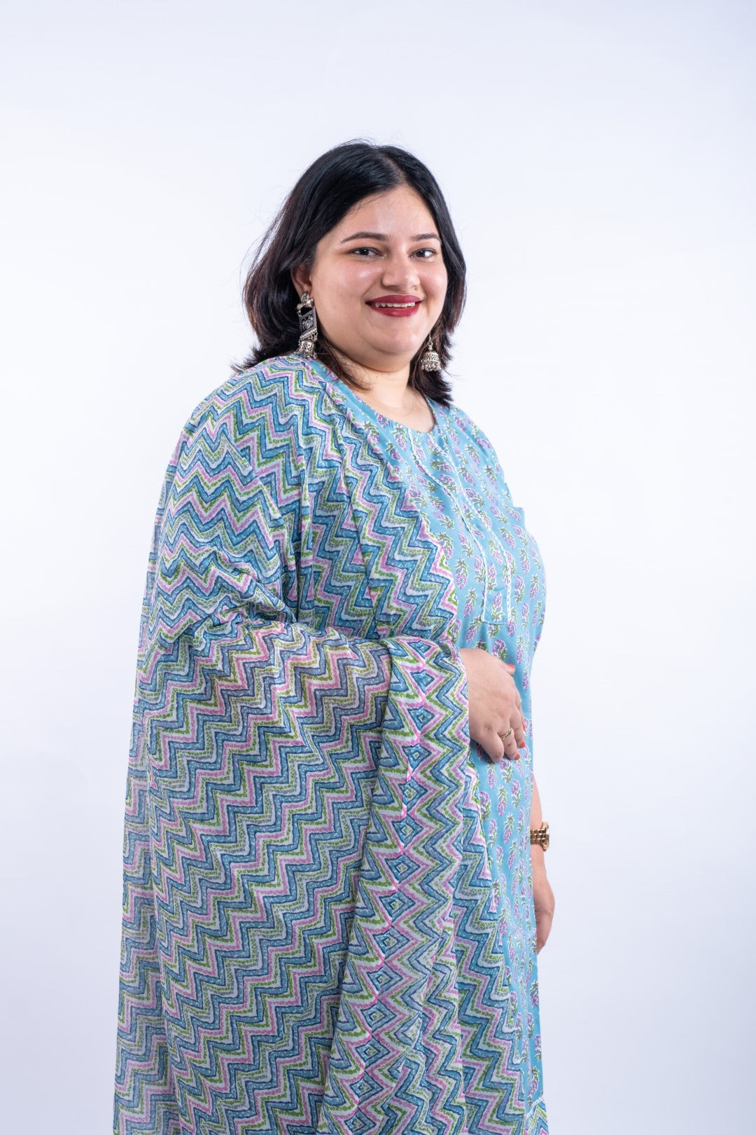 Sapphire Blue Printed Cotton Plus Size Suit