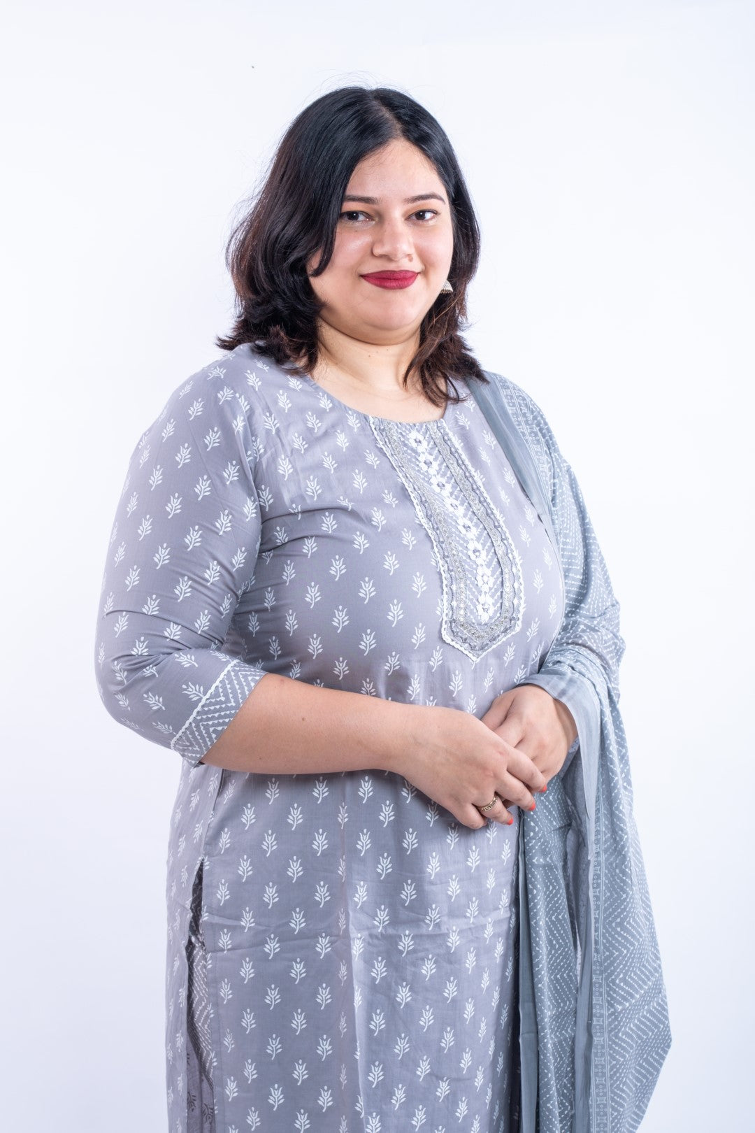 Grey Floral Printed Cotton Plus Size Suit