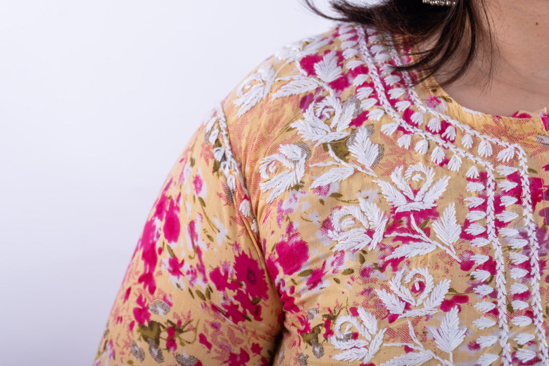 Pink Printed Hand-Chikankari Cotton Co-ord Set
