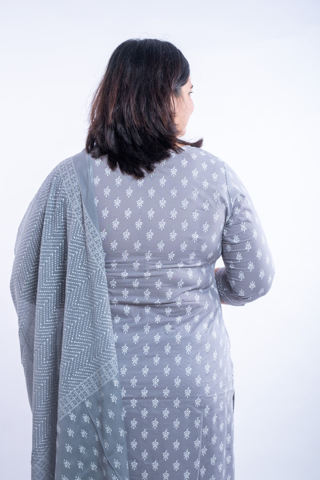 Grey Floral Printed Cotton Plus Size Suit