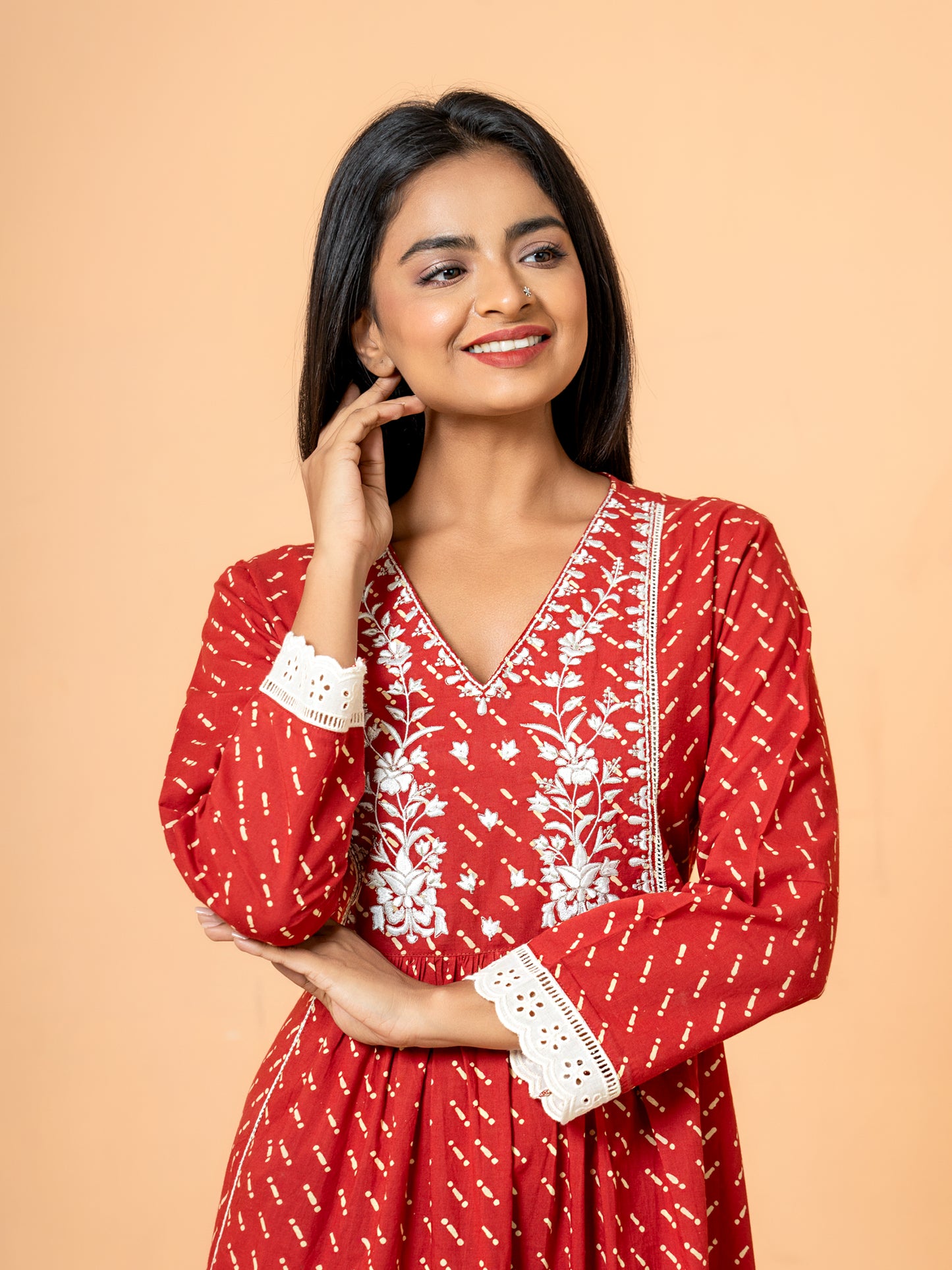 Red Lace Work Embroidered Cotton kurta