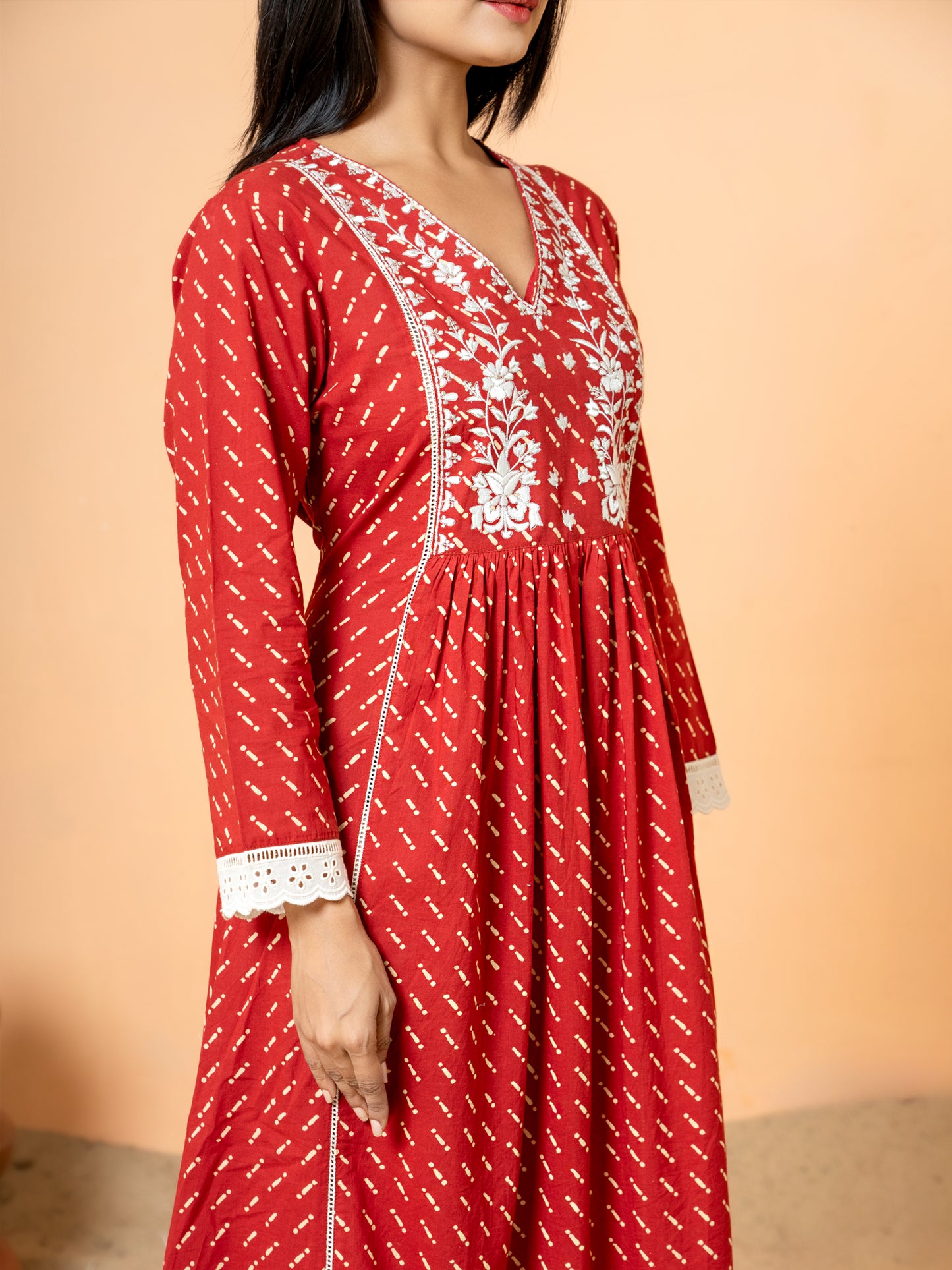 Red Lace Work Embroidered Cotton kurta