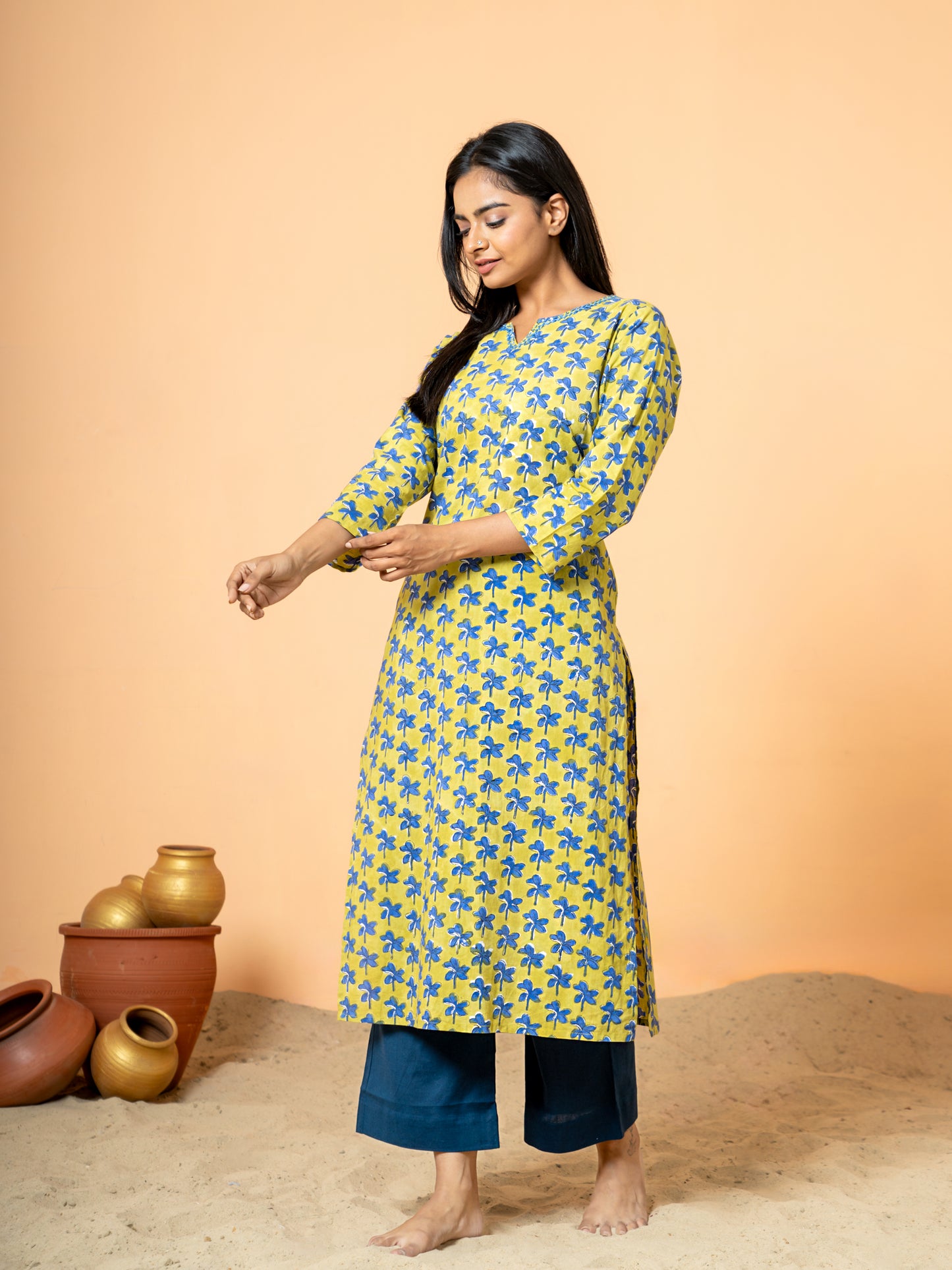 Stylish shot of the Green Nayantara Printed Cotton Kurta, ideal for festive occasions or everyday elegance, highlighting its unique print design.