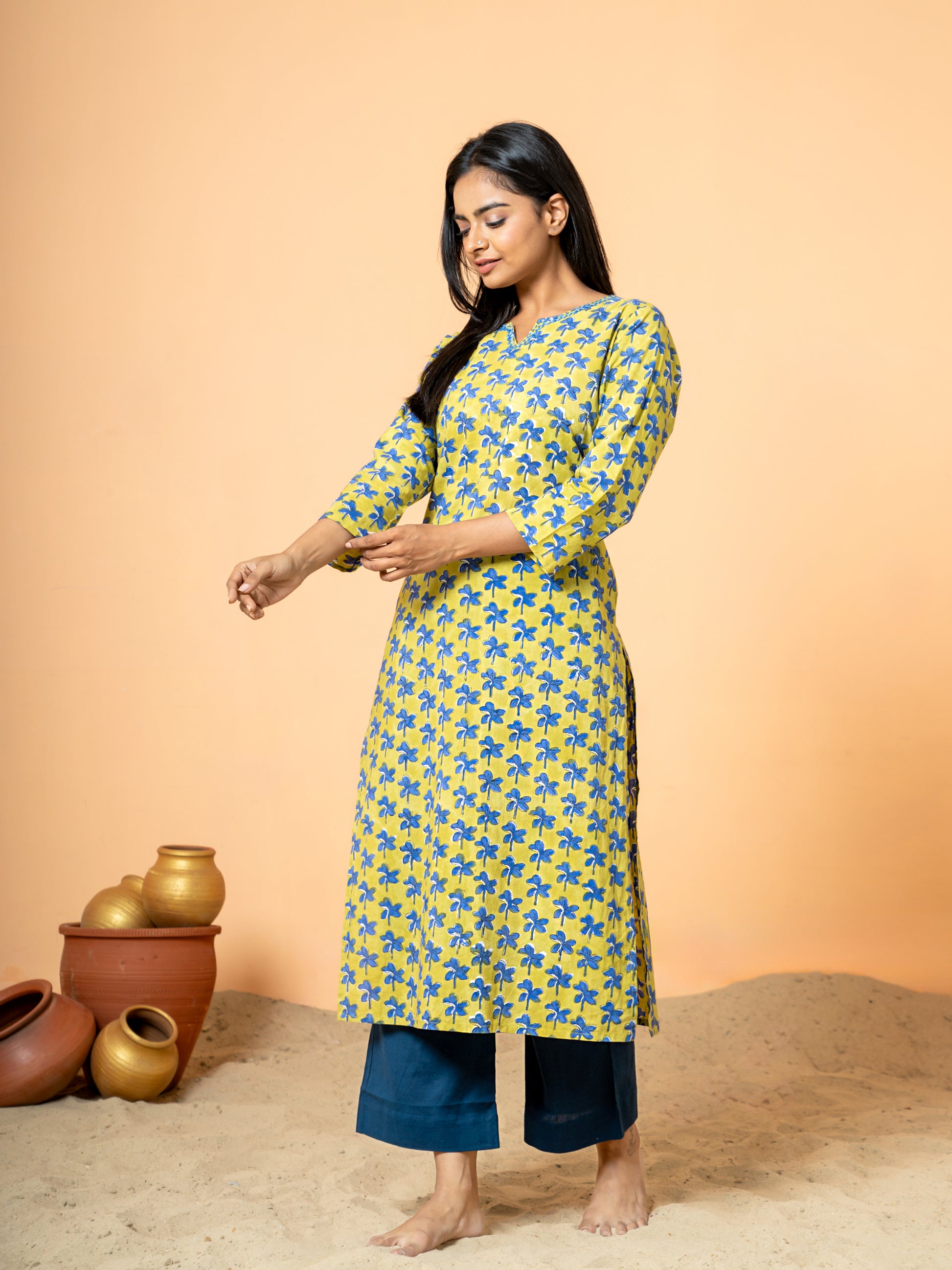 Stylish shot of the Green Nayantara Printed Cotton Kurta, ideal for festive occasions or everyday elegance, highlighting its unique print design.