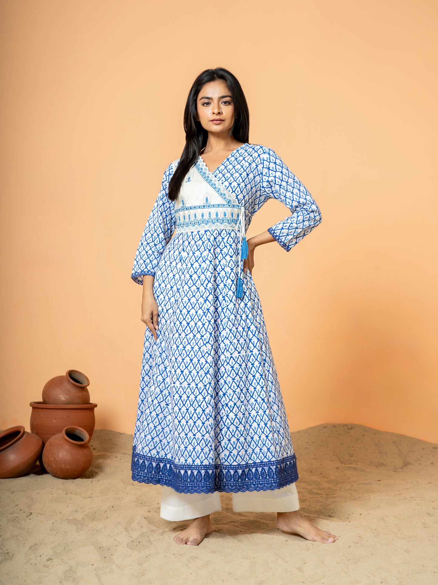 Full front view of the Breezy Blue Jaal Handblock Print Cotton Kurta, showcasing the beautiful blue color and detailed Jaal handblock print pattern on the comfortable cotton fabric.