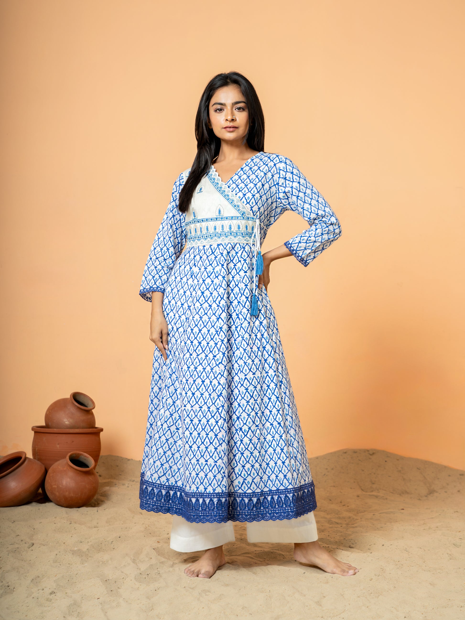 Full front view of the Breezy Blue Jaal Handblock Print Cotton Kurta, showcasing the beautiful blue color and detailed Jaal handblock print pattern on the comfortable cotton fabric.