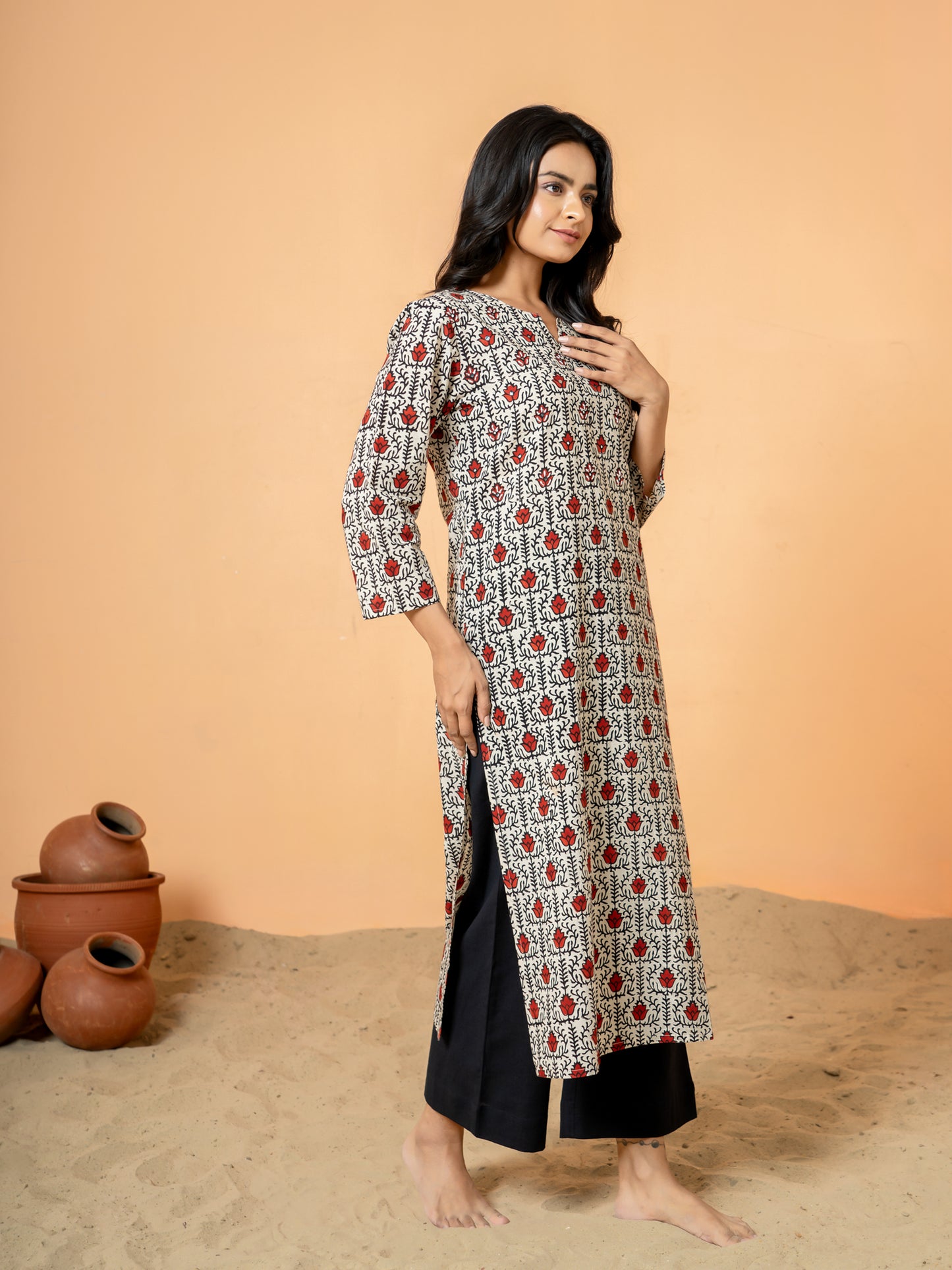Stylish Cream Lotus Print Cotton Kurta suitable for casual wear and festive occasions.