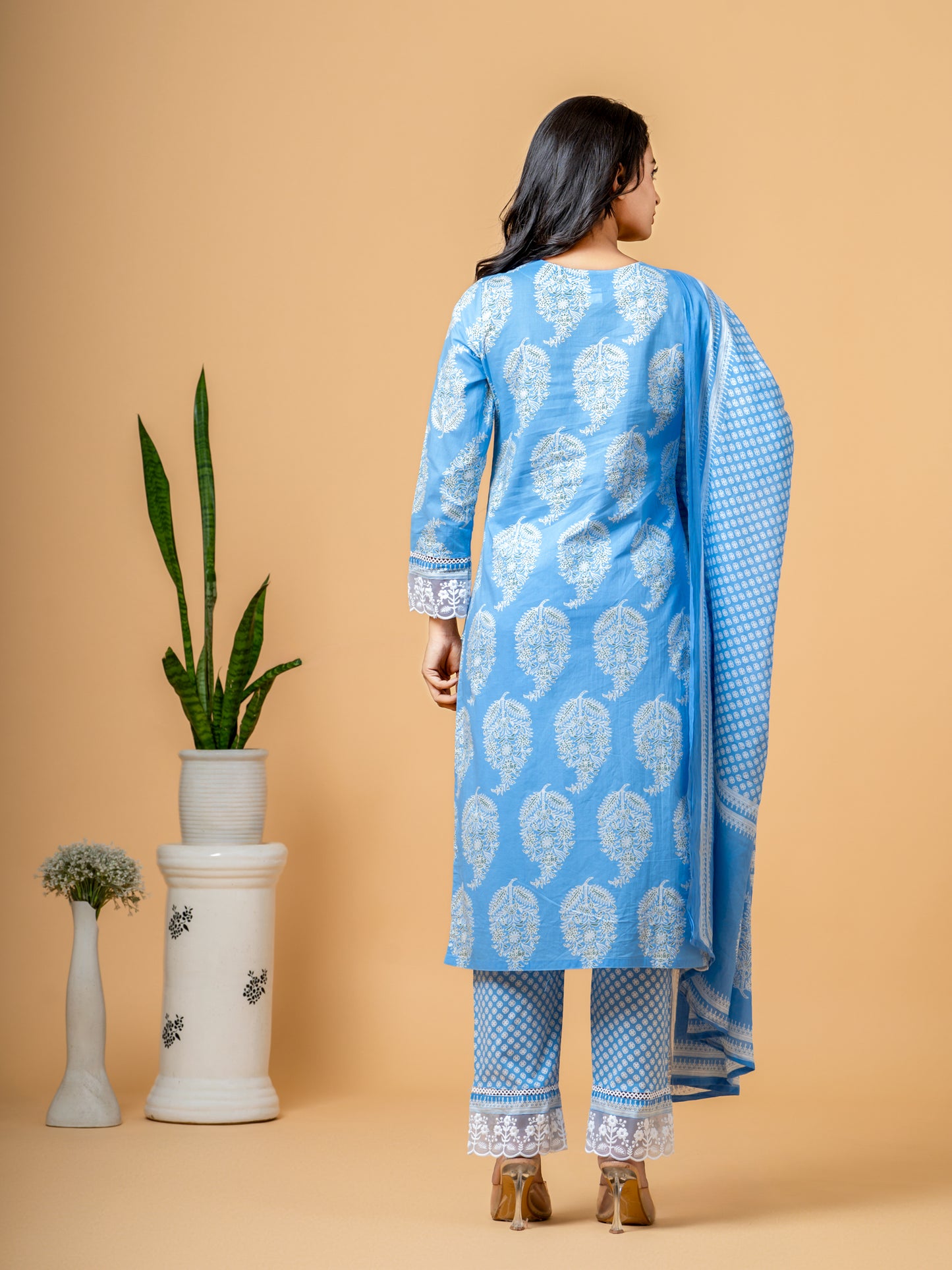 Columbia Blue Paisley Block Print Cotton Suit