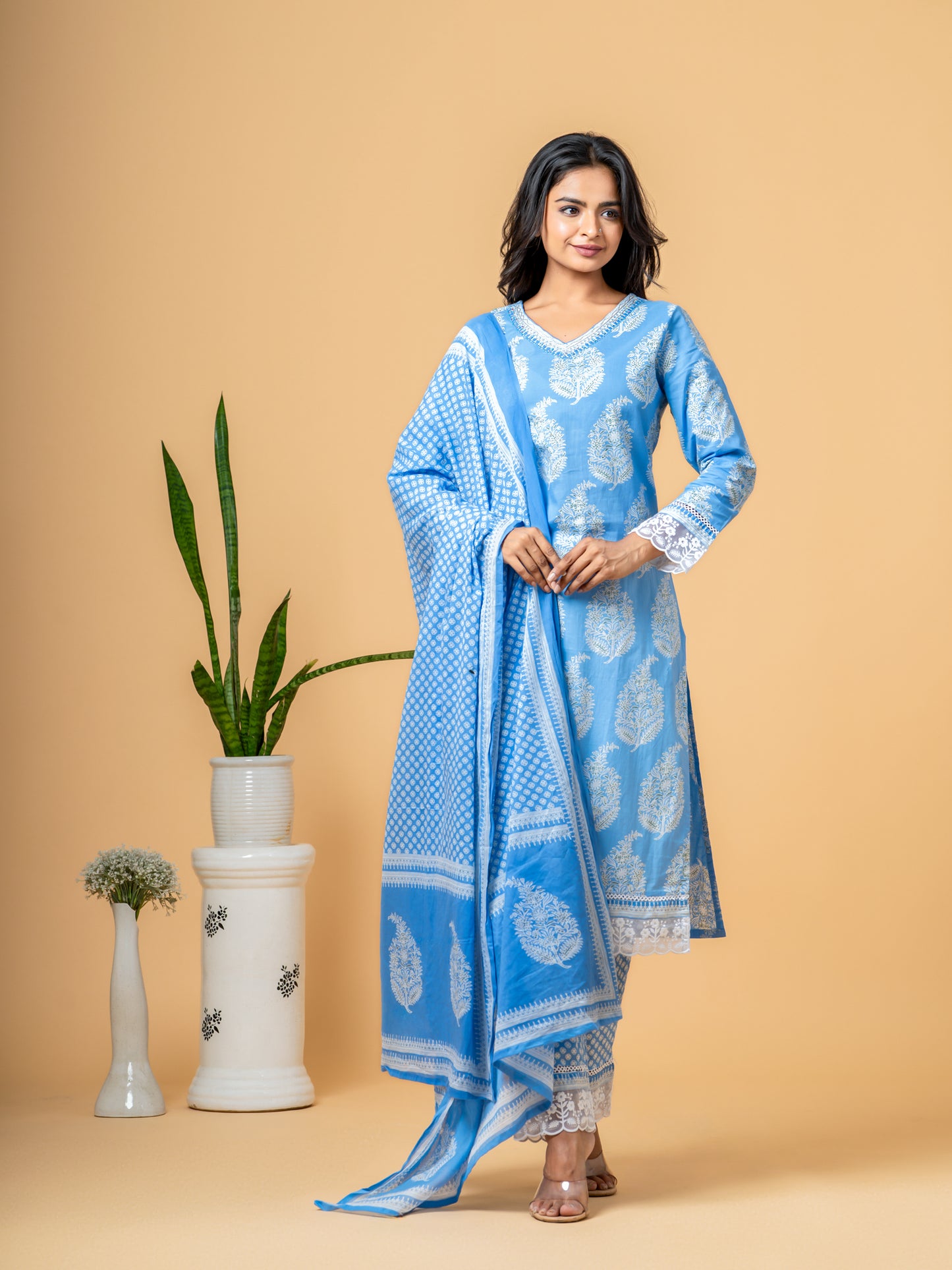 Columbia Blue Paisley Block Print Cotton Suit