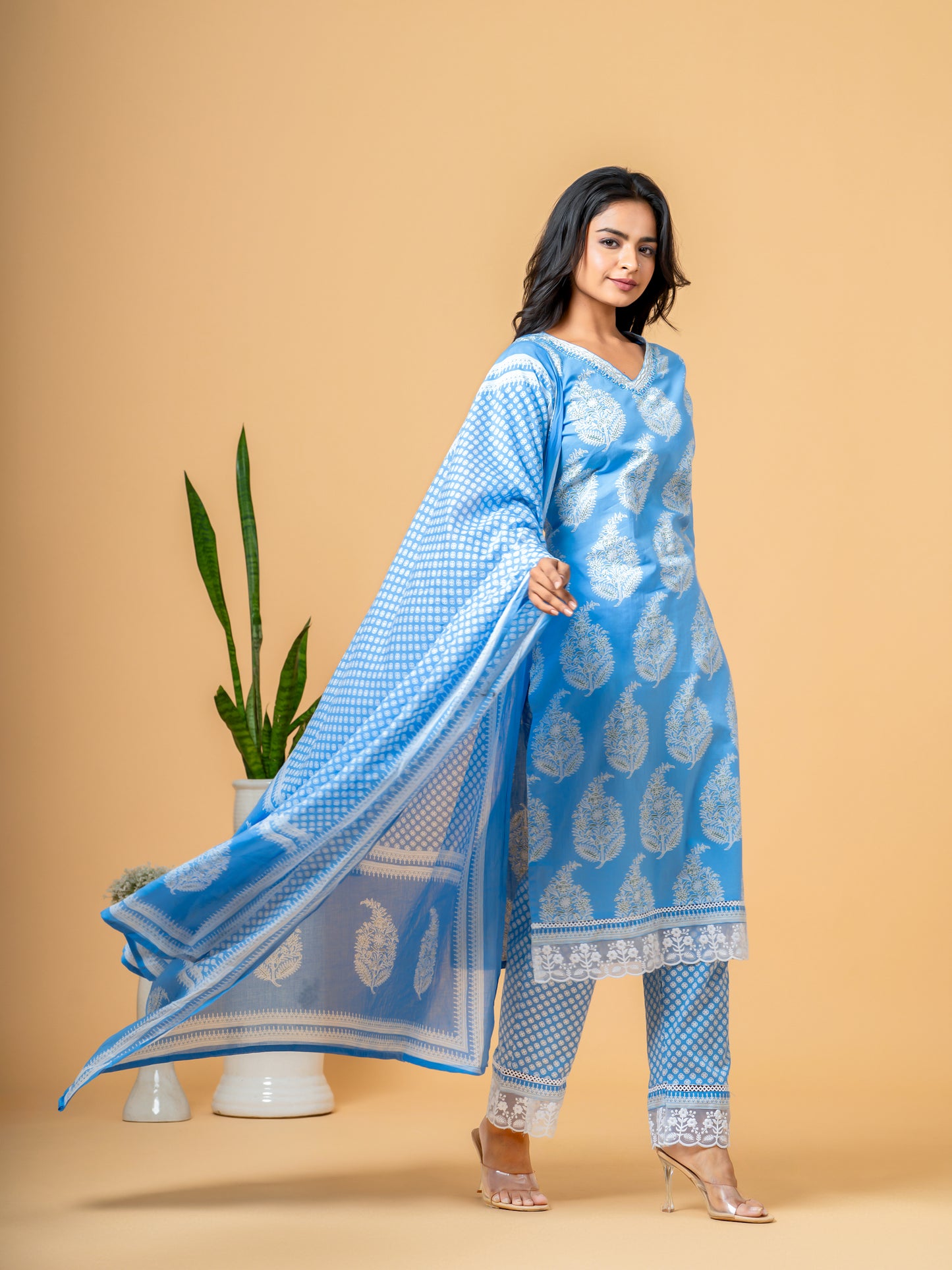 Columbia Blue Paisley Block Print Cotton Suit