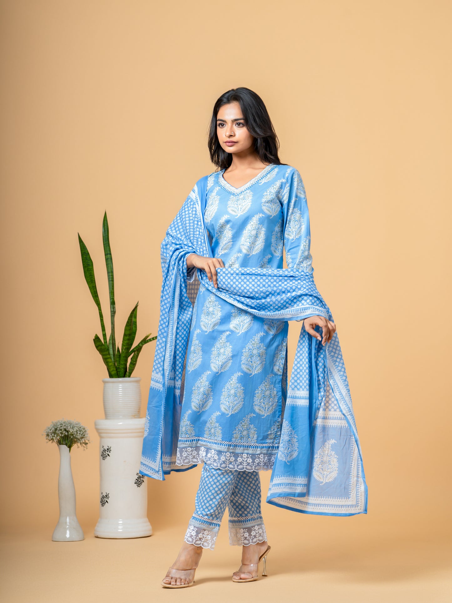 Columbia Blue Paisley Block Print Cotton Suit