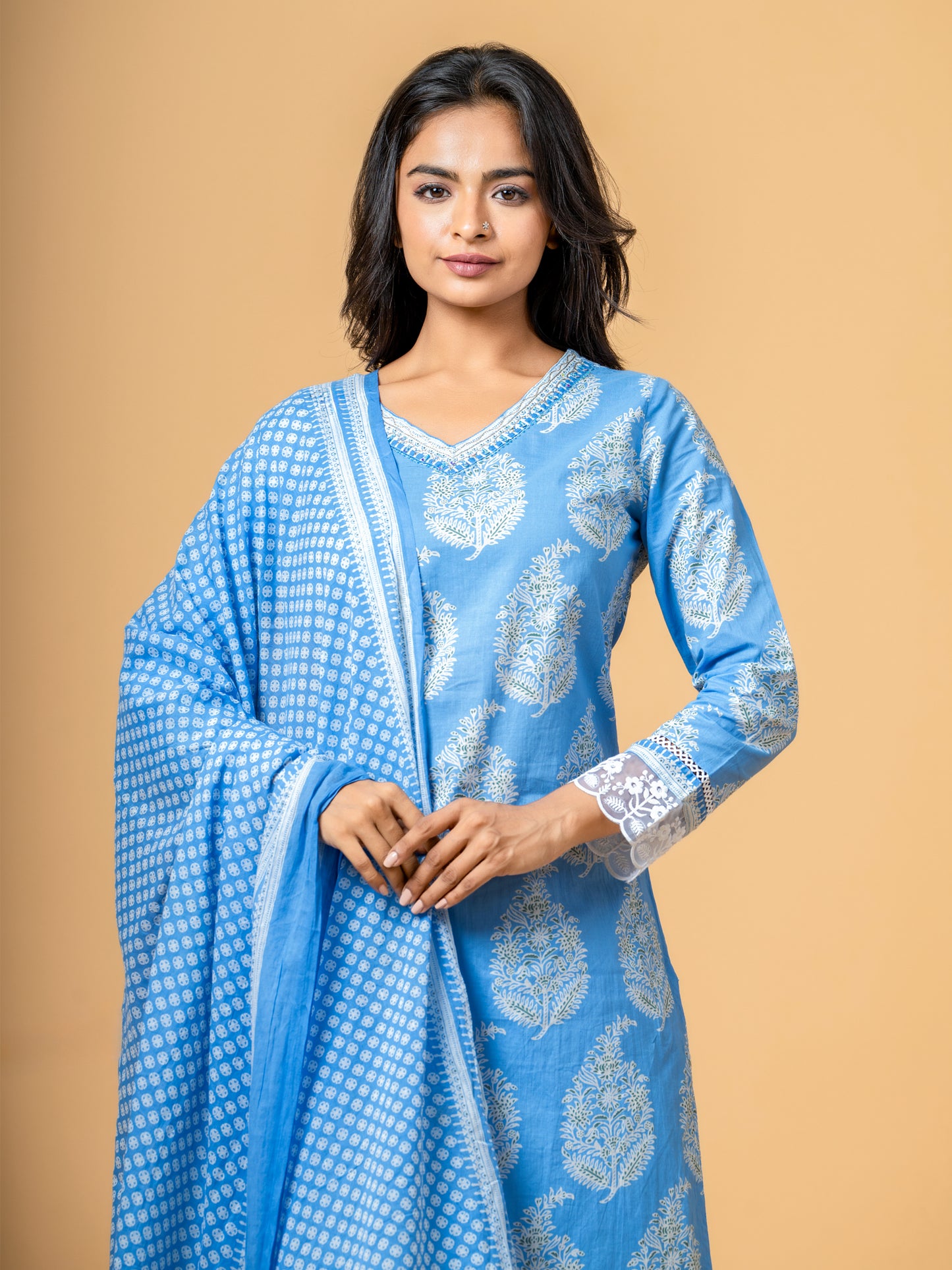 Columbia Blue Paisley Block Print Cotton Suit