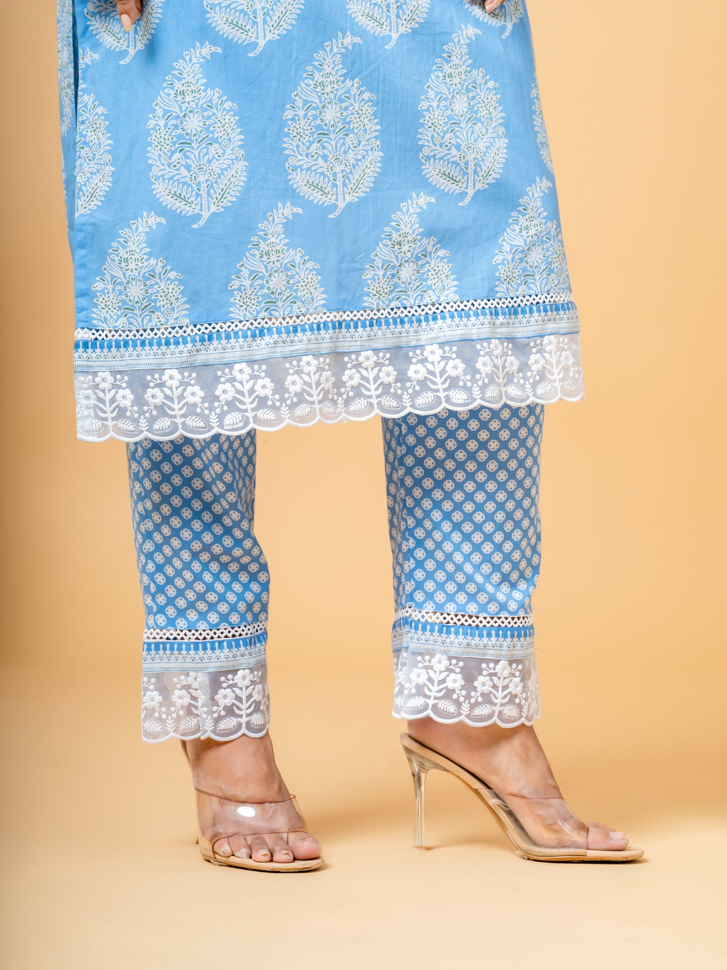 Columbia Blue Paisley Block Print Cotton Suit
