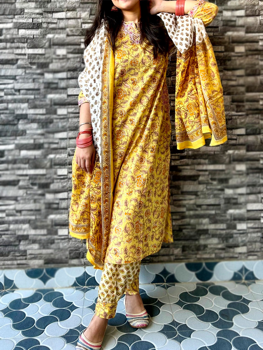 Classic Yellow Flower Printed Afghani Cotton Suit