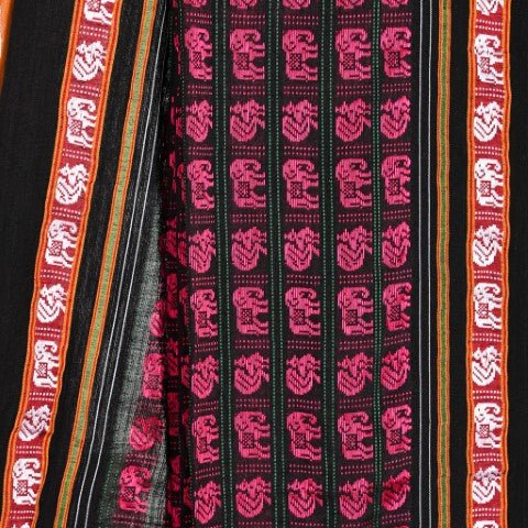 Detailed view of the Hathi Mor weave on the Abha Rani Pink Hati Mor Cotton Khun Saree, showcasing elegant pink elephant and peacock motifs on a deep black base. The Mercerised Cotton Khun fabric enhances the texture and sheen of this traditional handloom saree from Cottons Daily.