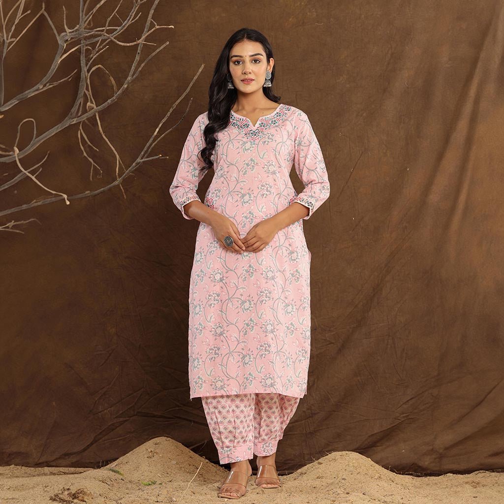 Fabric Detail: Detailed view of the pure cotton fabric used in the Baby Pink Lotus Printed Afghani Cotton Suit, emphasizing its texture and quality.
