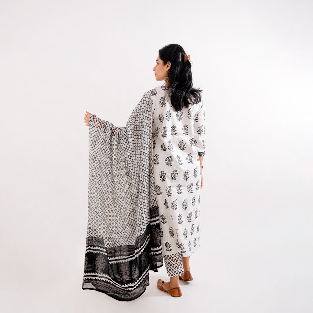 Back view of the Black & White Printed Cotton Suit by Cottons Daily, illustrating the seamless design and pattern continuity.