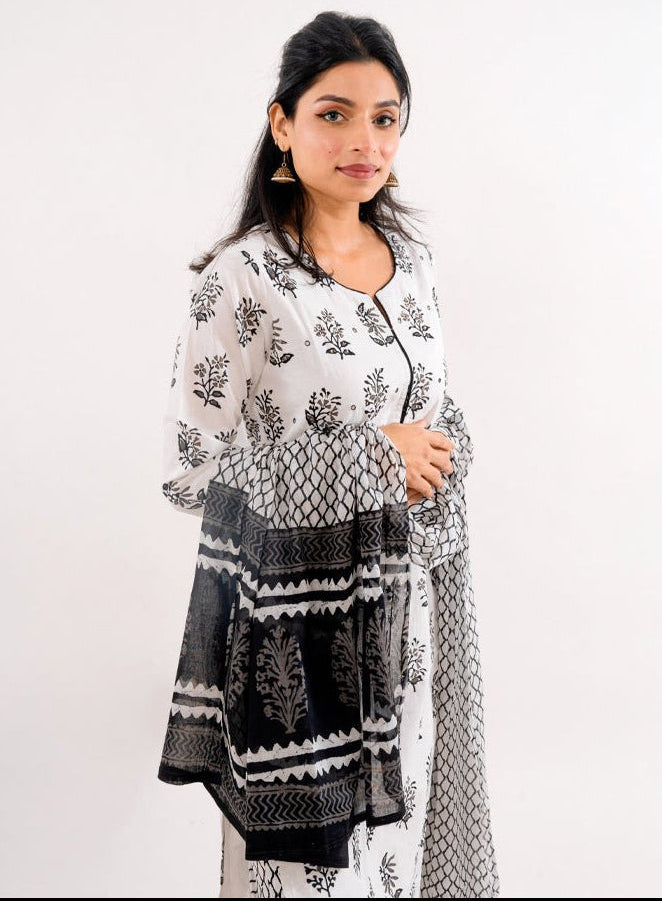 Full ensemble of the Black & White Printed Cotton Suit by Cottons Daily, showcasing the printed straight-fit pants and matching dupatta.