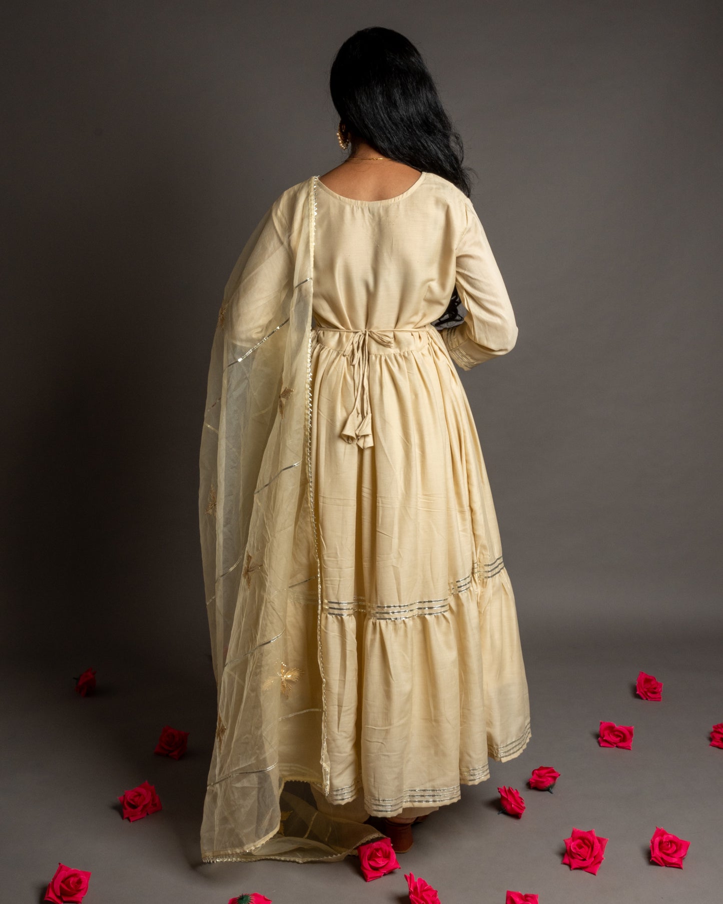 Pastel Cream Gotta Patti Anarkali Muslin Cotton Festive Suit