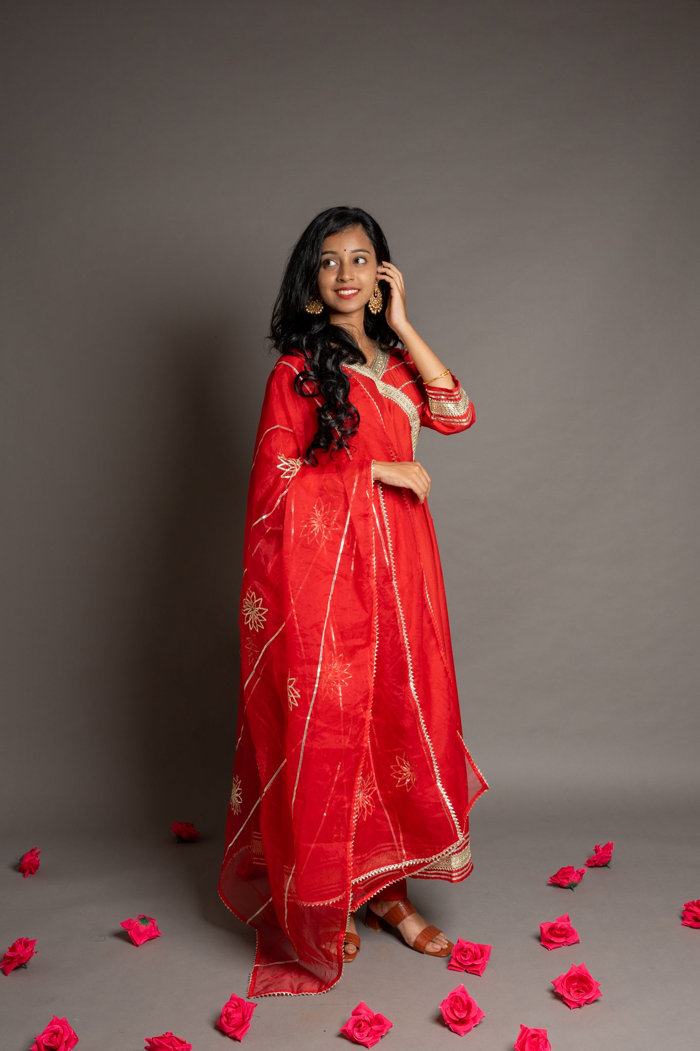 Tomato Red Gotta Patti Angrakha Muslin Cotton Festive Suit