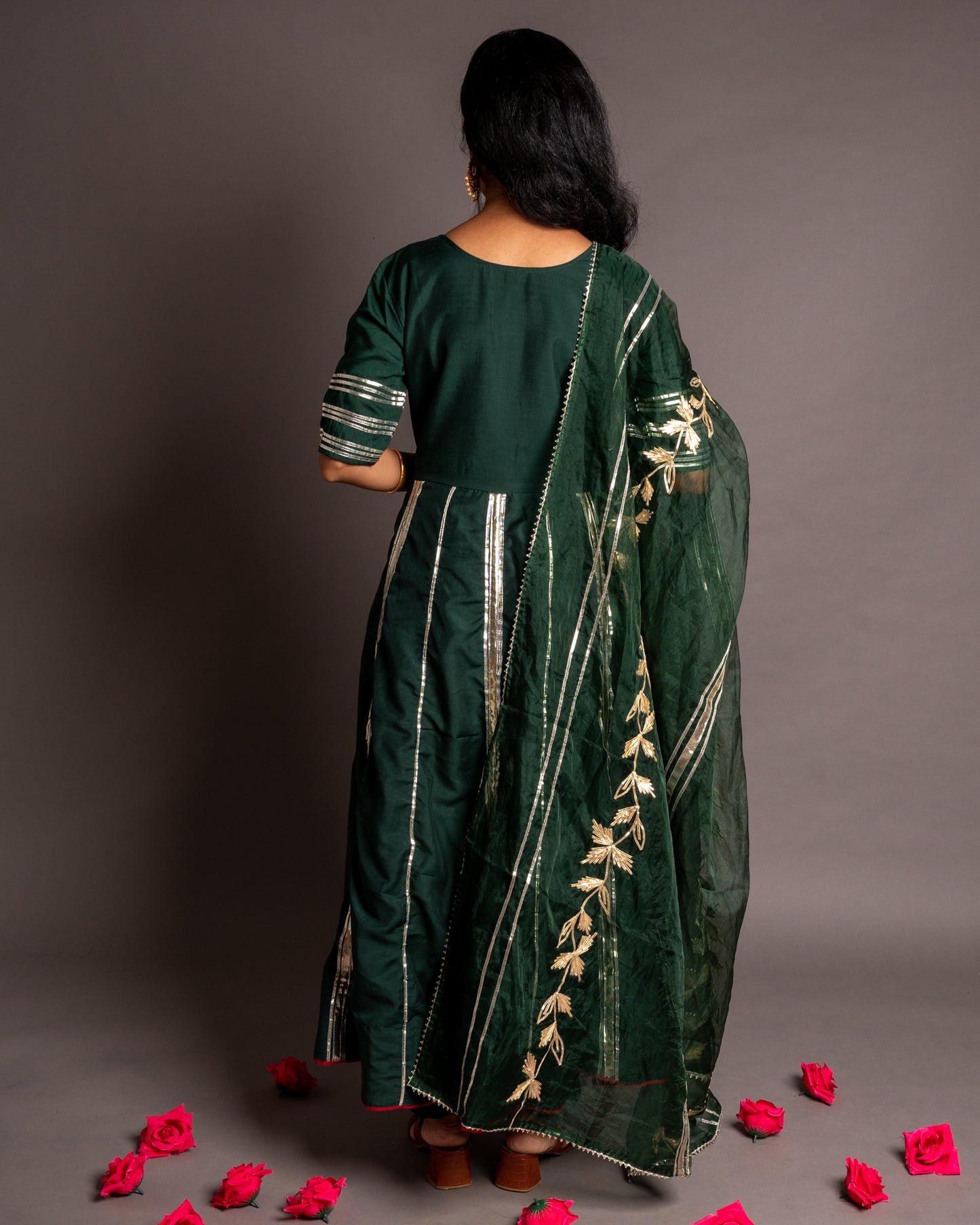 Forest Green Gotta Patti Angrakha Muslin Cotton Festive Suit
