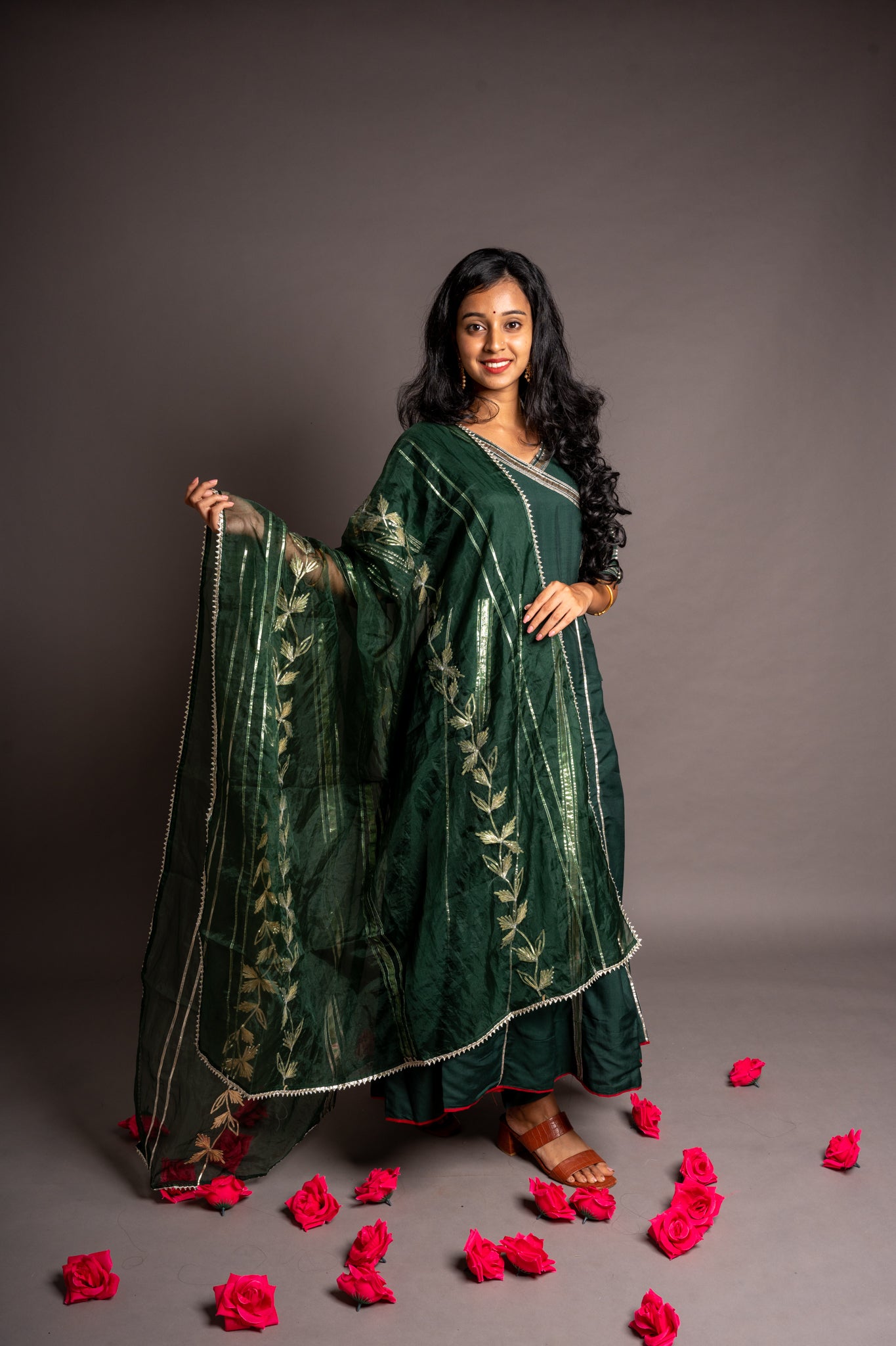 Forest Green Gotta Patti Angrakha Muslin Cotton Festive Suit