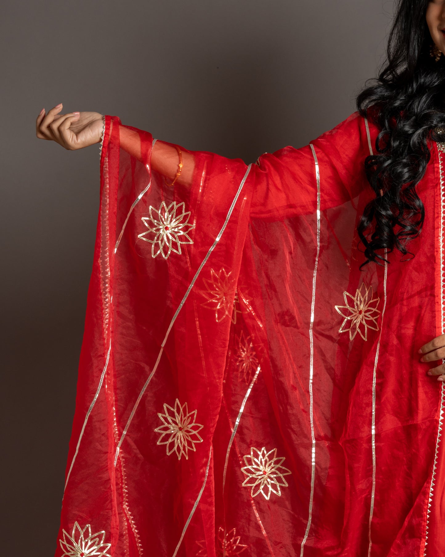 Tomato Red Gotta Patti Angrakha Muslin Cotton Festive Suit