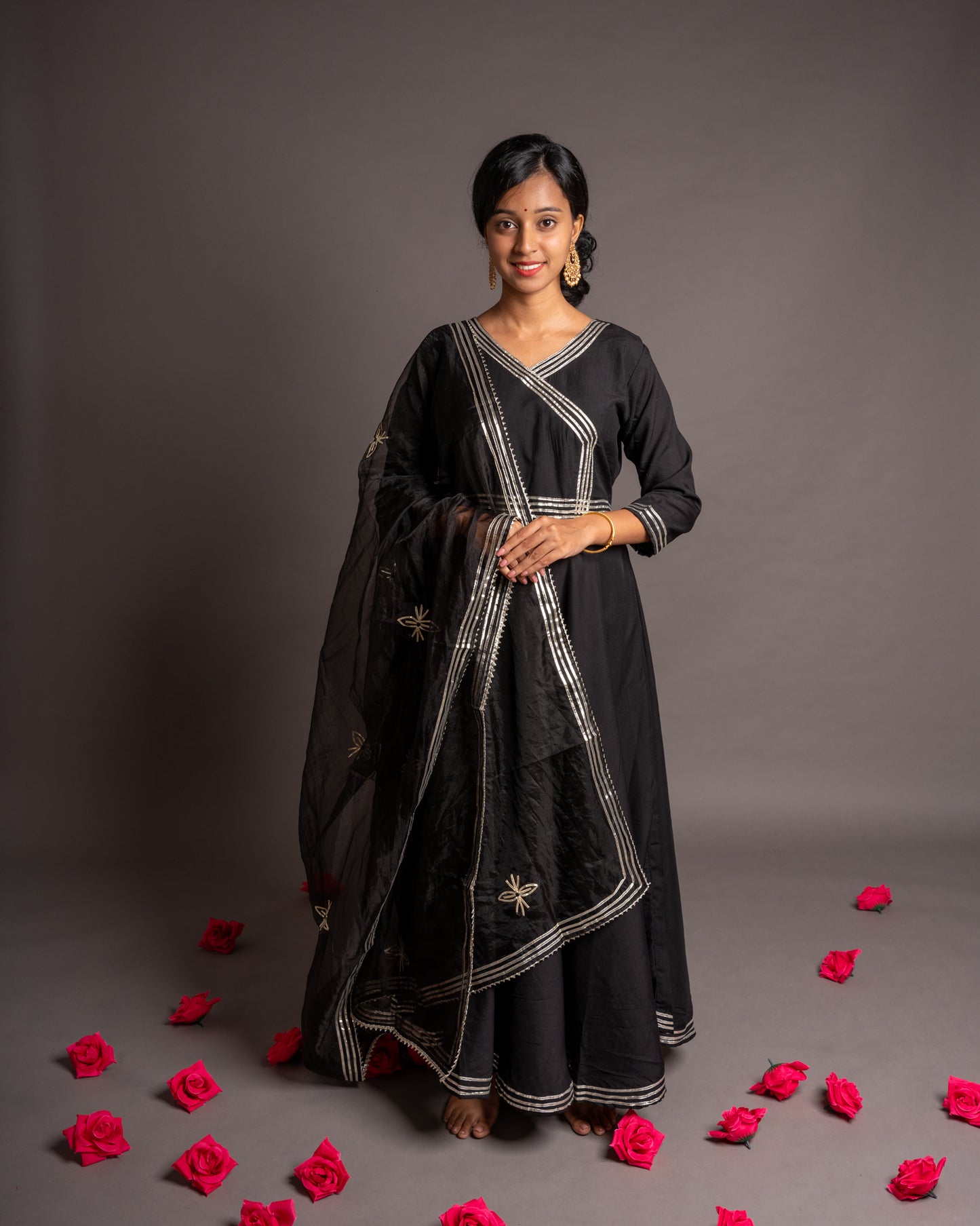 Elegant Black Gotta Patti Angrakha Muslin Cotton Festive Suit