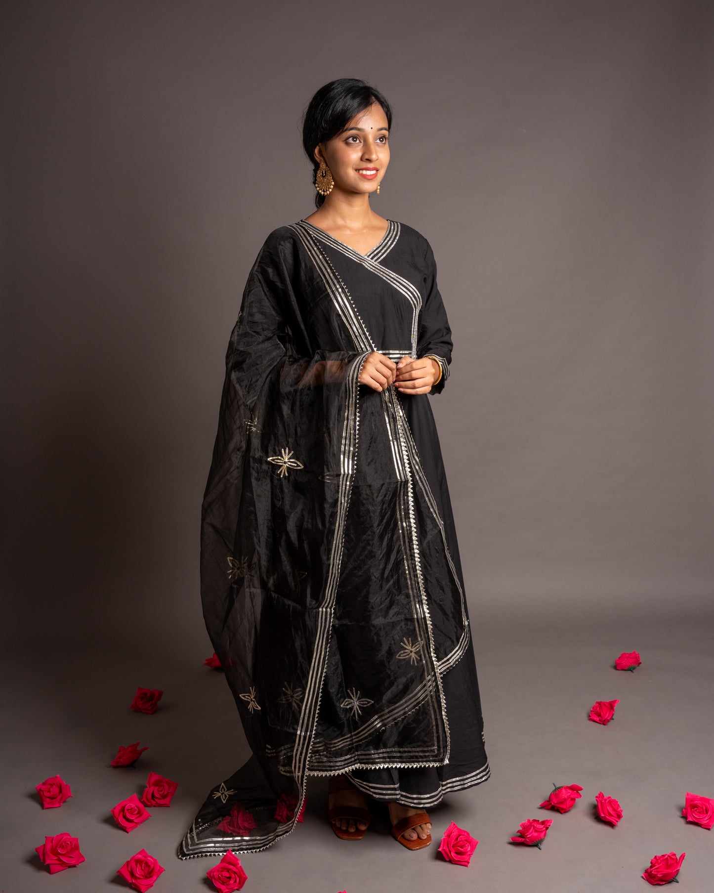 Elegant Black Gotta Patti Angrakha Muslin Cotton Festive Suit