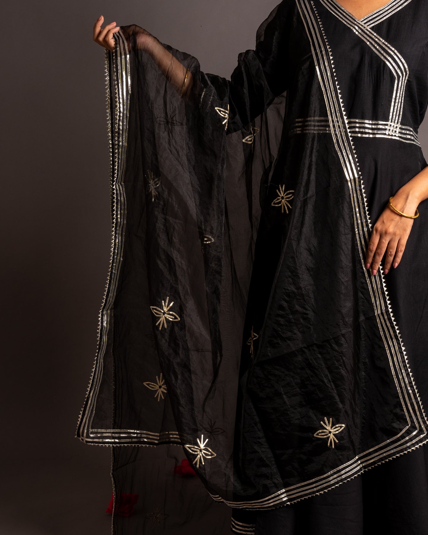 Elegant Black Gotta Patti Angrakha Muslin Cotton Festive Suit