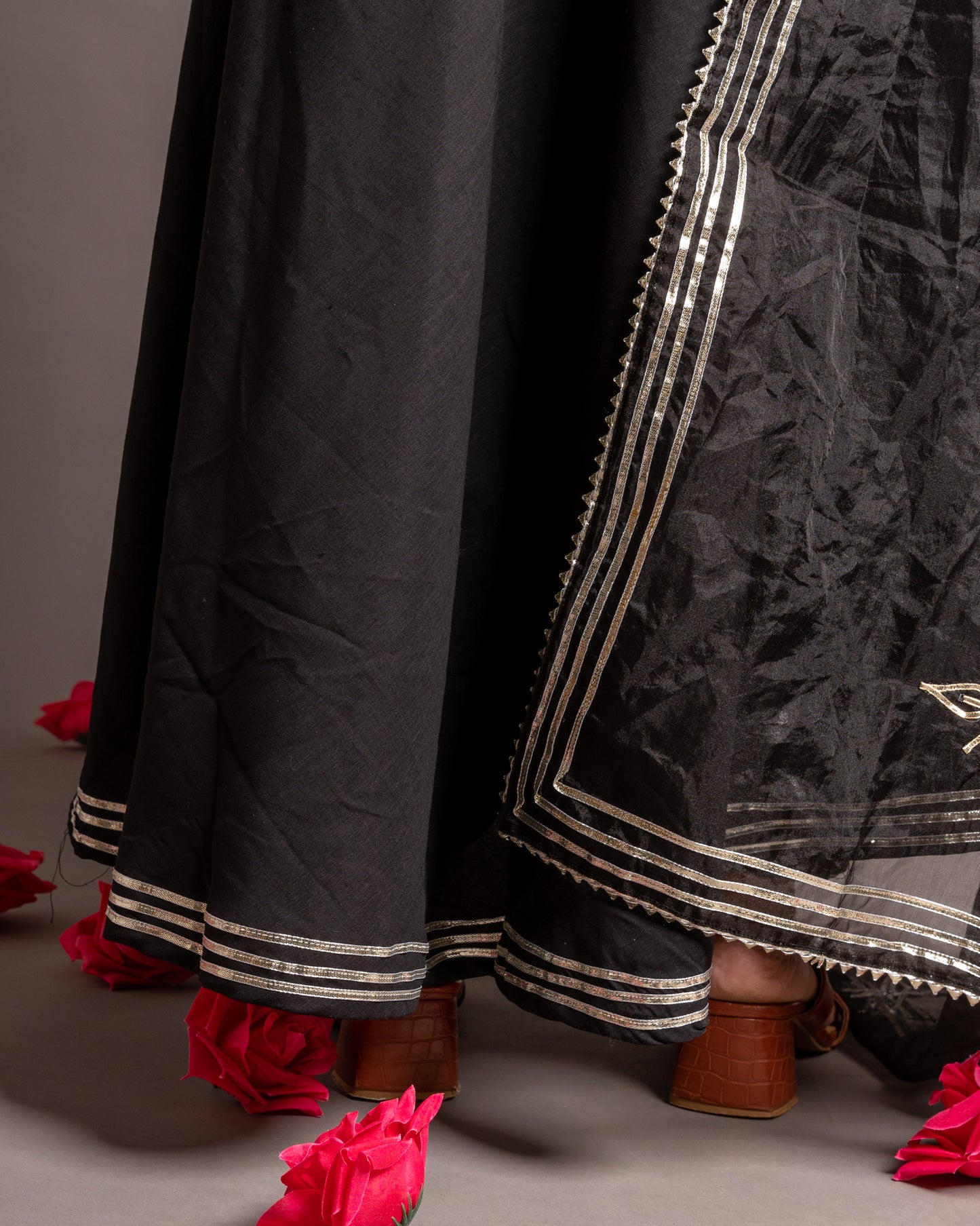 Elegant Black Gotta Patti Angrakha Muslin Cotton Festive Suit
