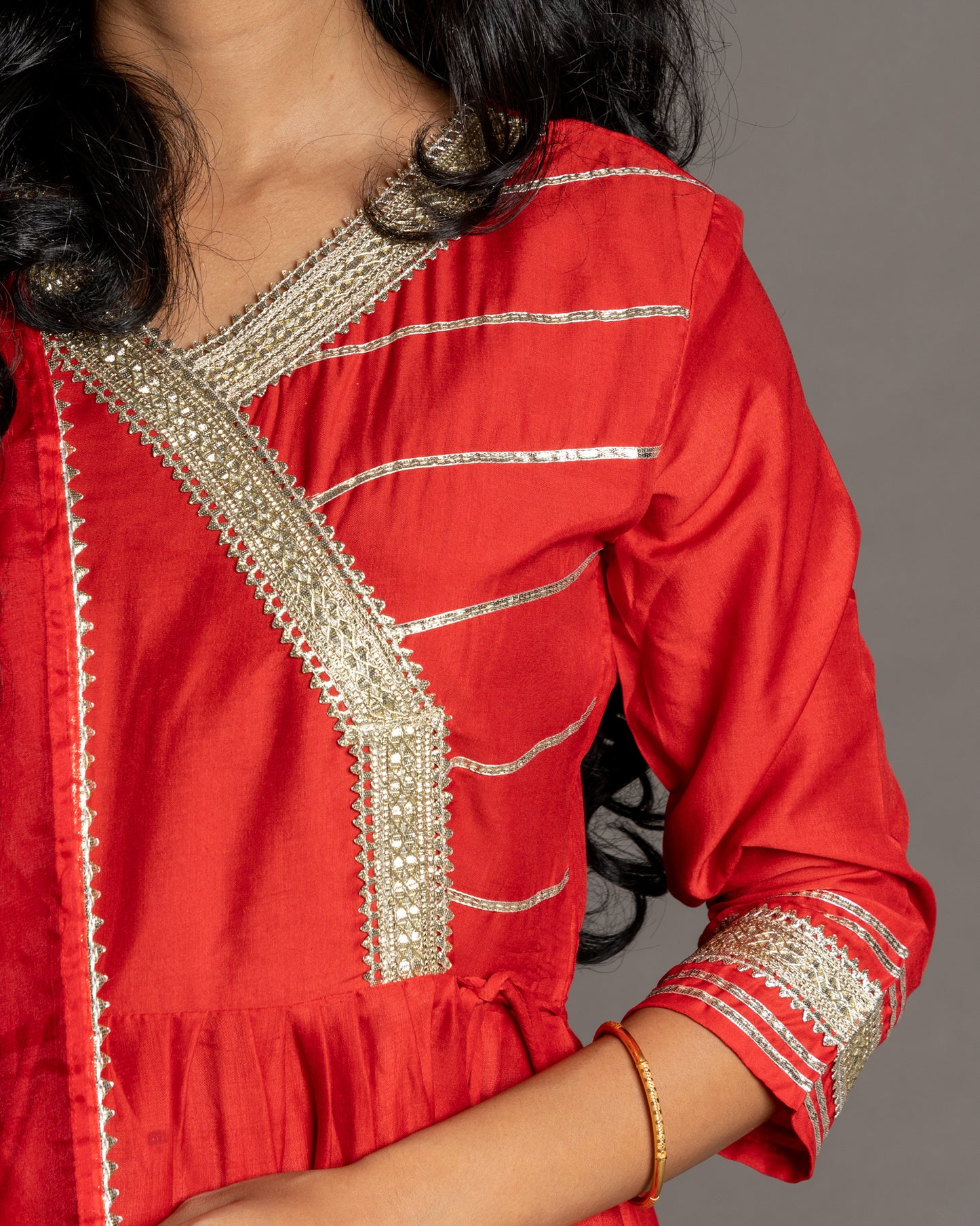 Tomato Red Gotta Patti Angrakha Muslin Cotton Festive Suit