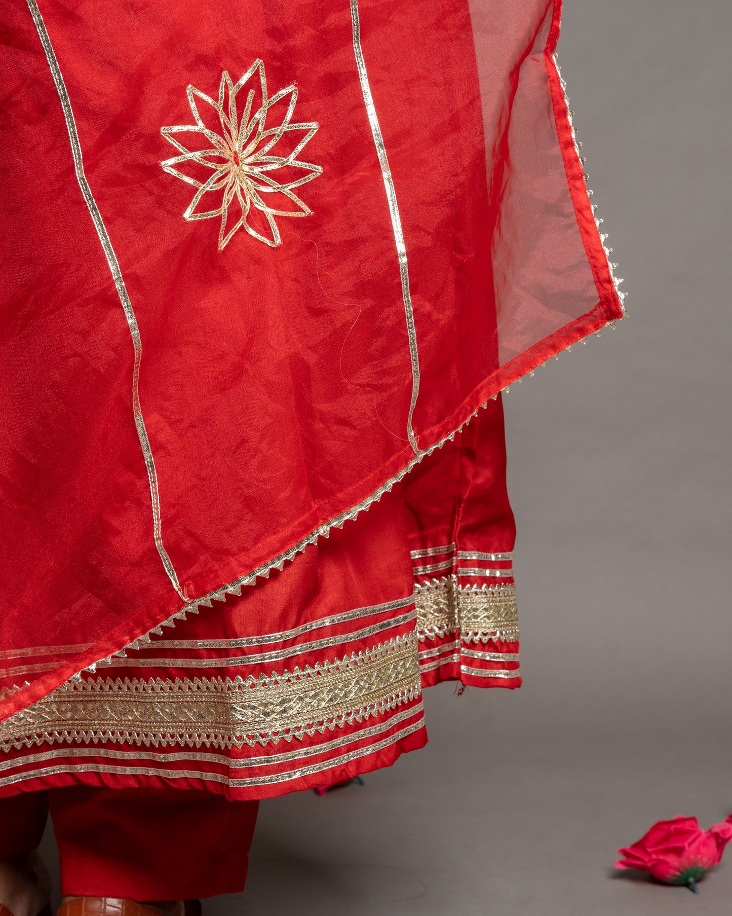 Tomato Red Gotta Patti Angrakha Muslin Cotton Festive Suit