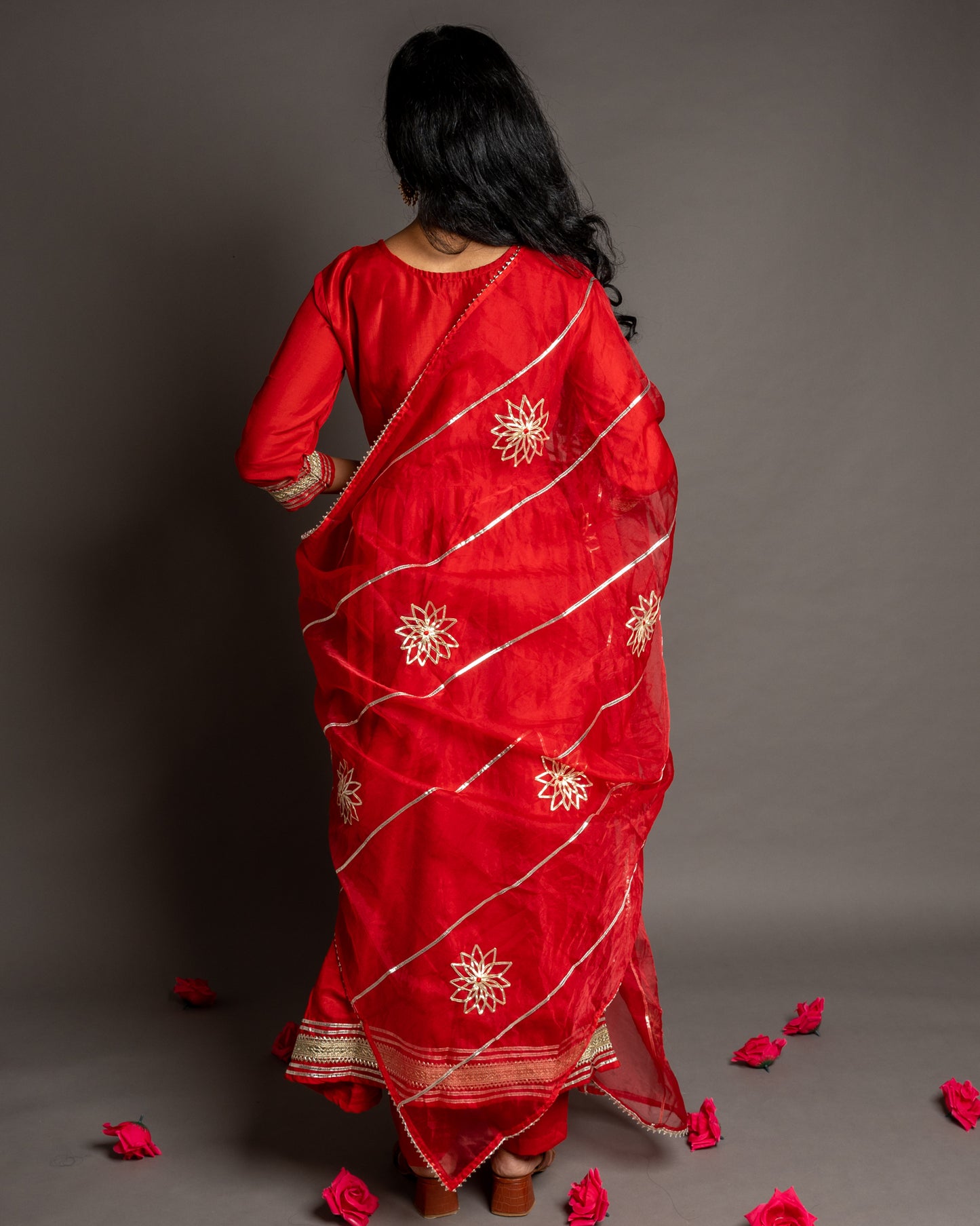 Tomato Red Gotta Patti Angrakha Muslin Cotton Festive Suit