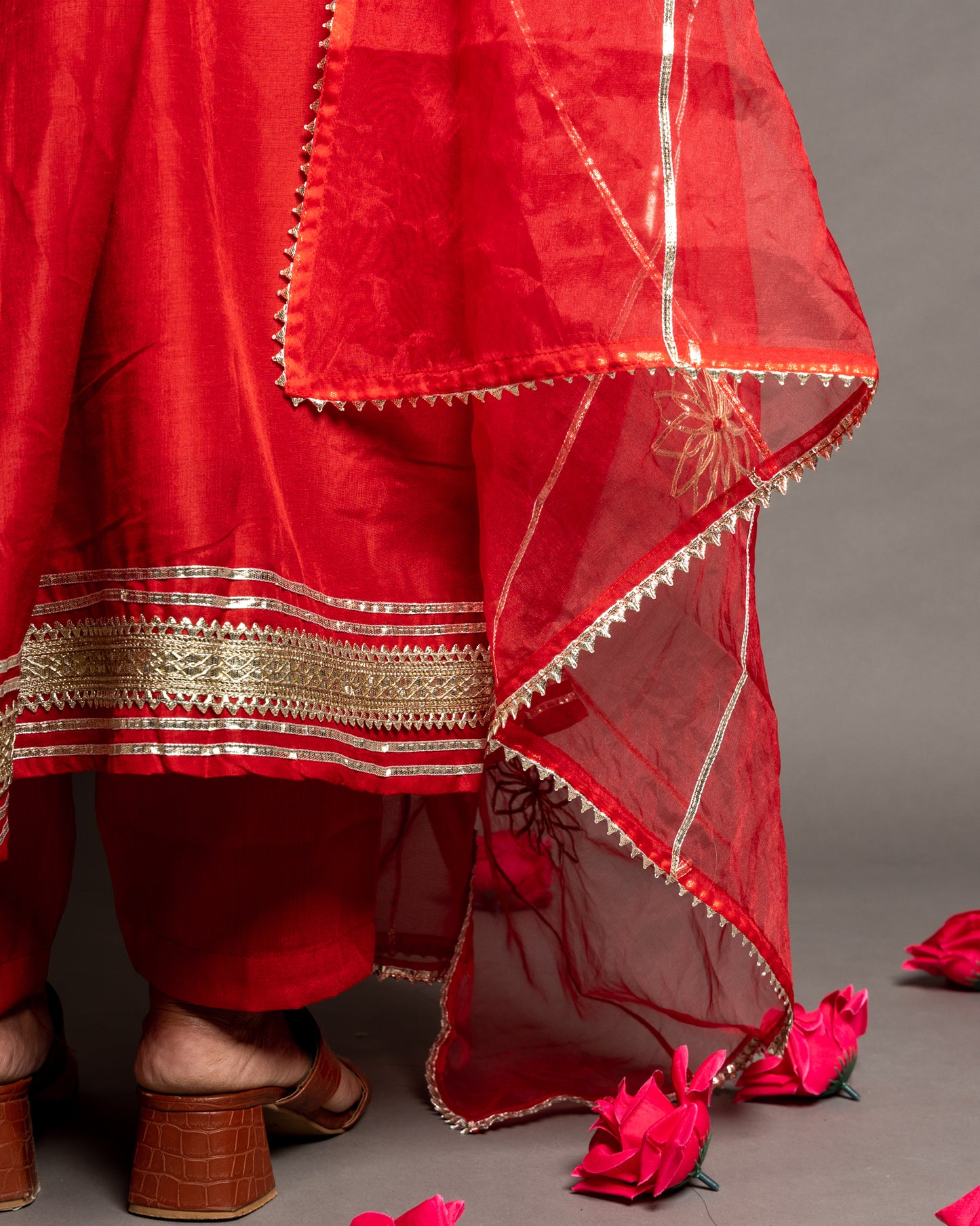 Tomato Red Gotta Patti Angrakha Muslin Cotton Festive Suit