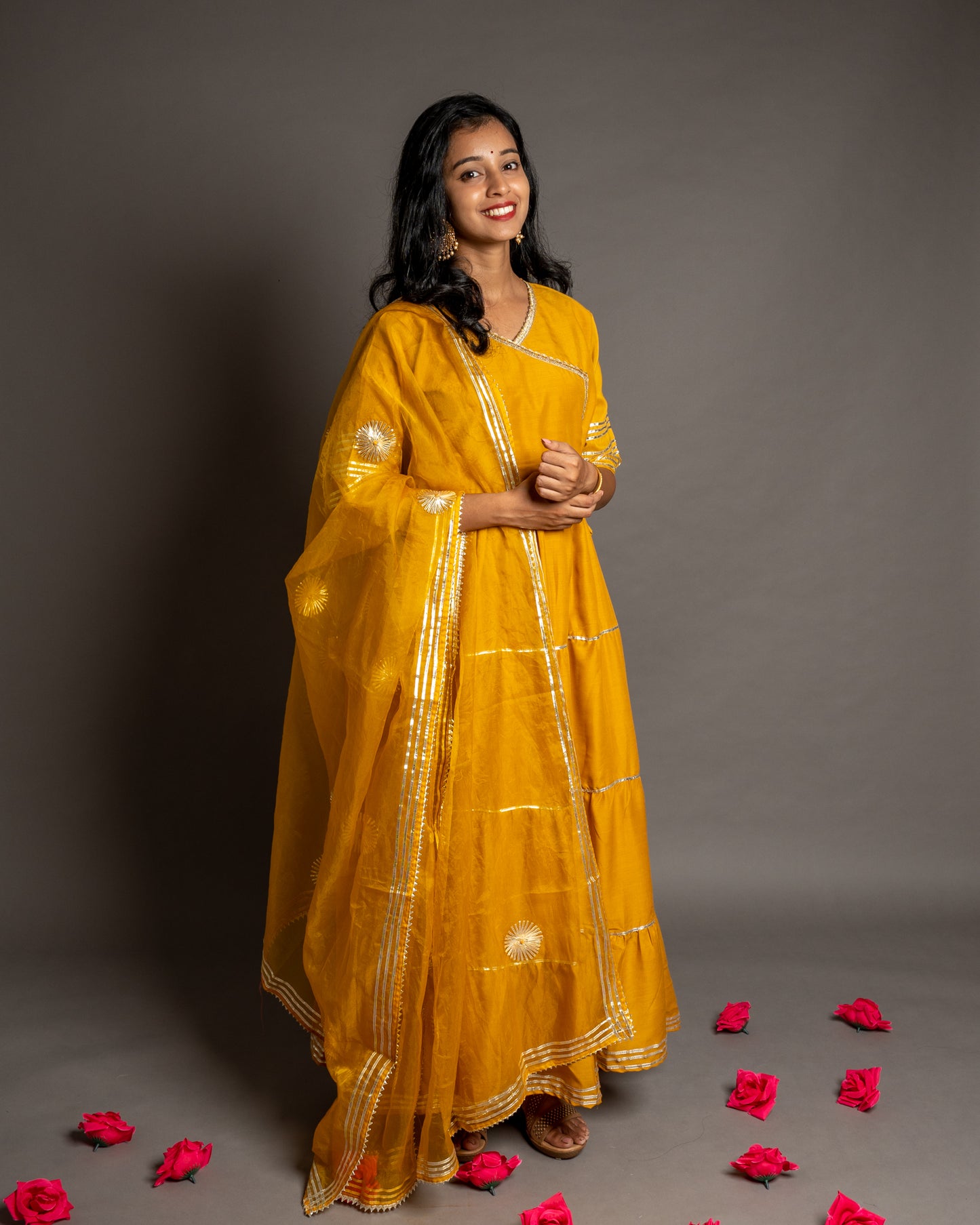 Mustard Yellow Gotta Patti Angrakha Muslin Cotton Festive Suit