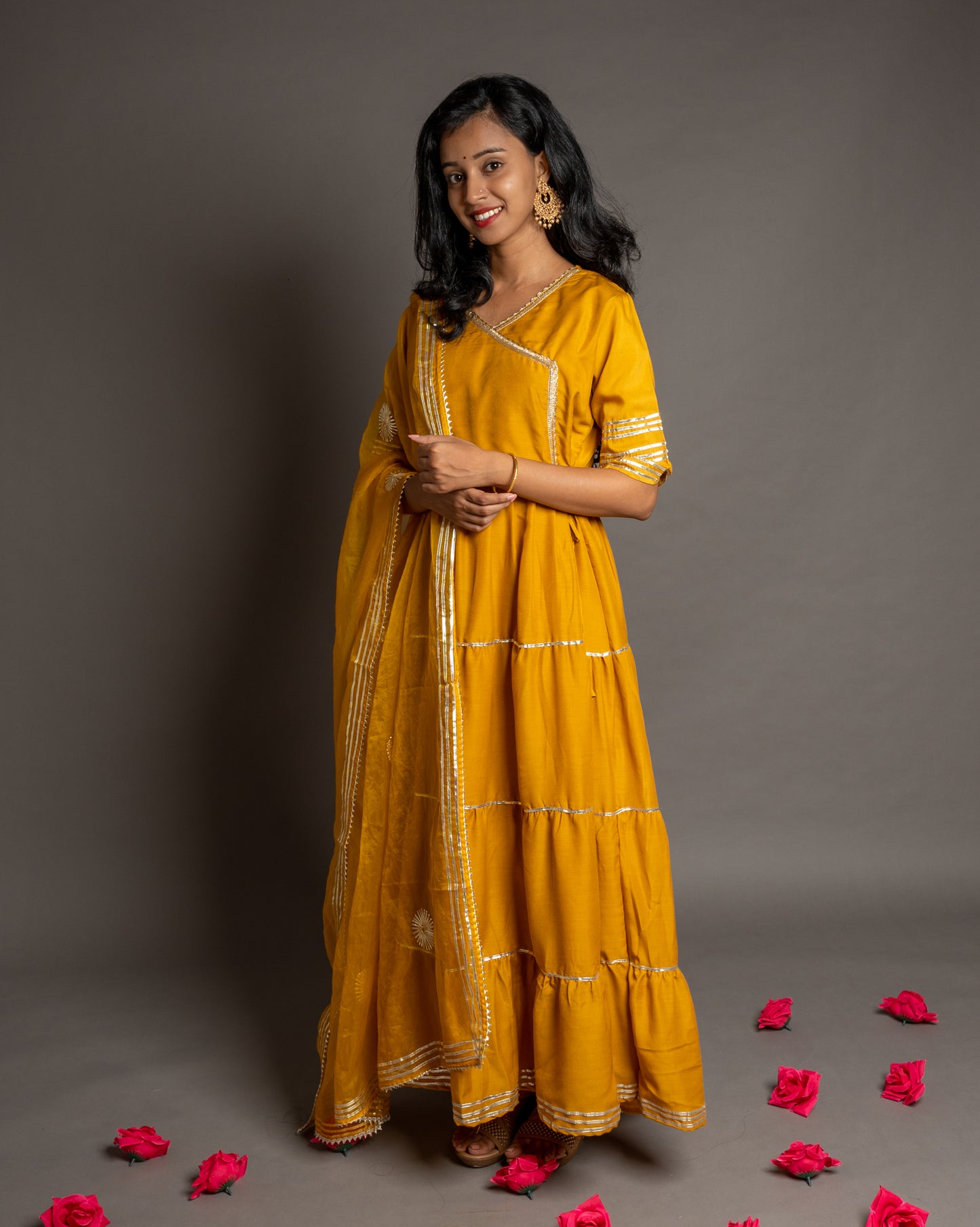 Mustard Yellow Gotta Patti Angrakha Muslin Cotton Festive Suit