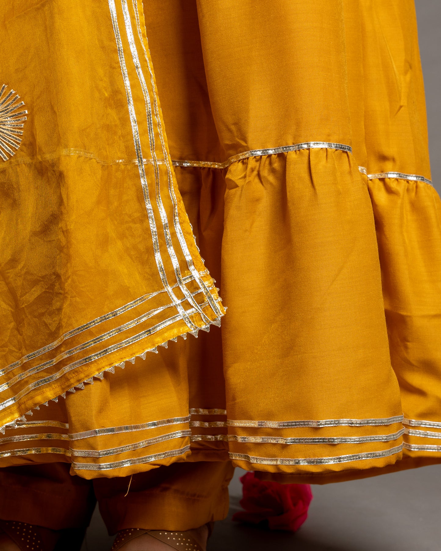 Mustard Yellow Gotta Patti Angrakha Muslin Cotton Festive Suit