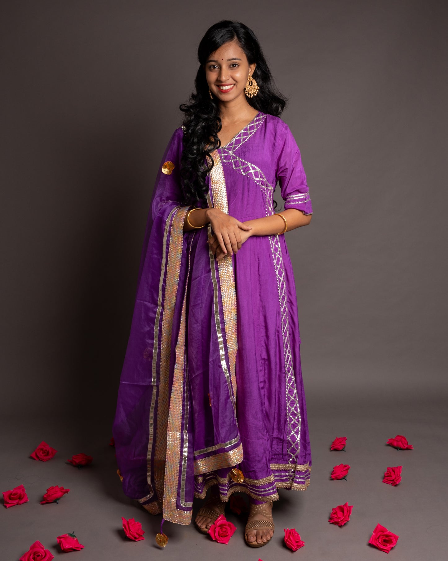 Lavender Gotta Patti Angrakha Muslin Cotton Festive Suit