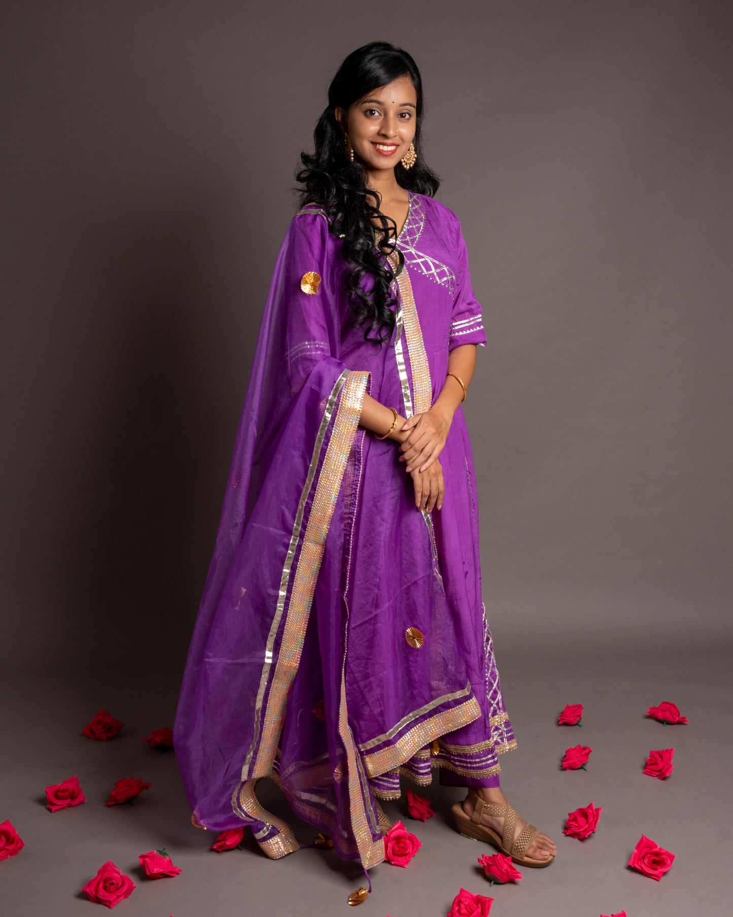 Lavender Gotta Patti Angrakha Muslin Cotton Festive Suit