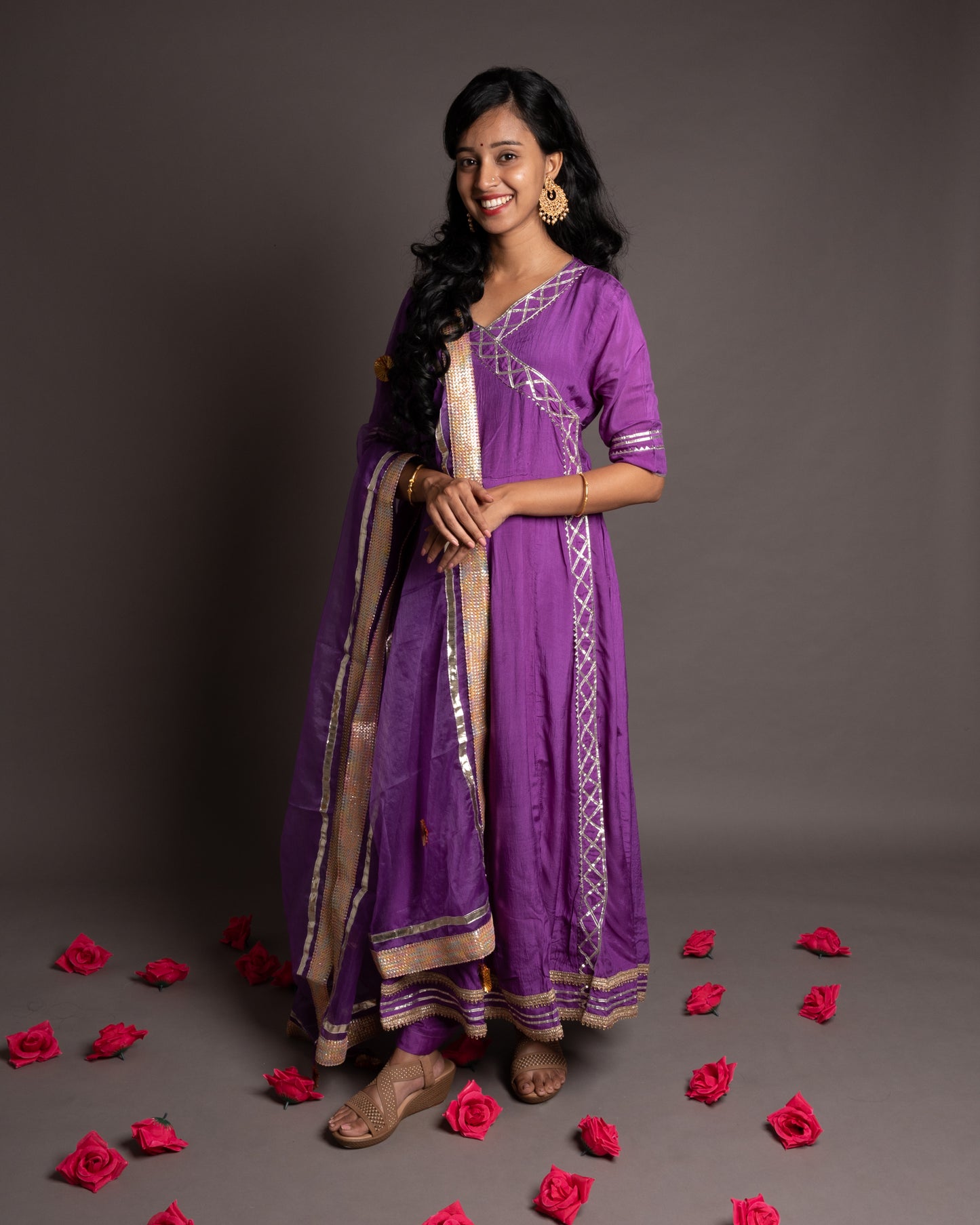 Lavender Gotta Patti Angrakha Muslin Cotton Festive Suit