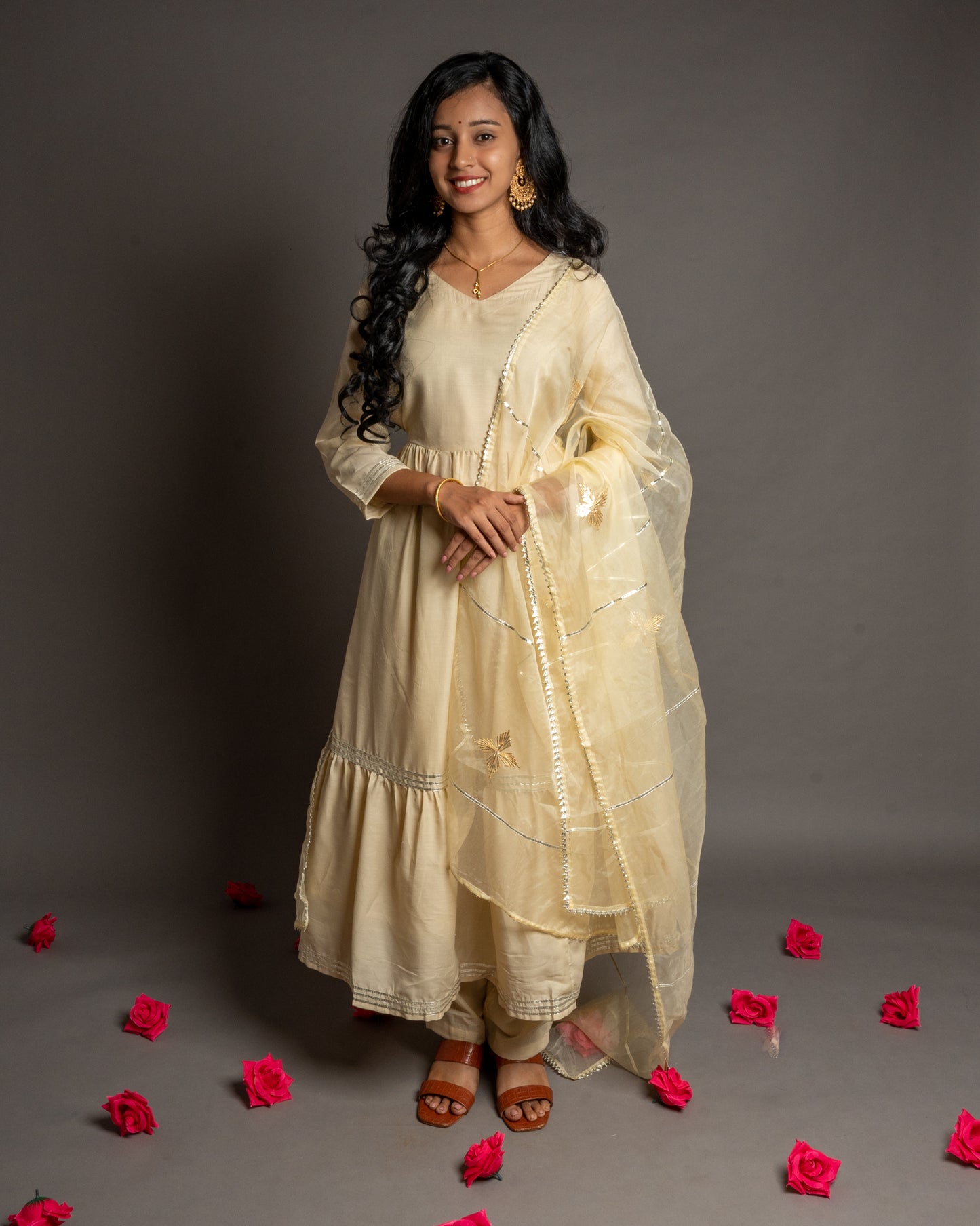 Pastel Cream Gotta Patti Anarkali Muslin Cotton Festive Suit