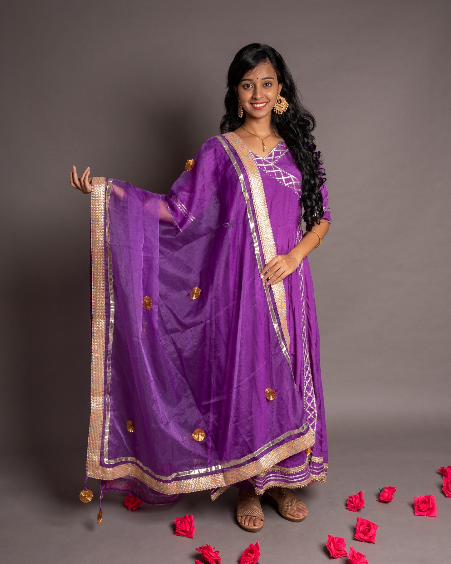 Lavender Gotta Patti Angrakha Muslin Cotton Festive Suit