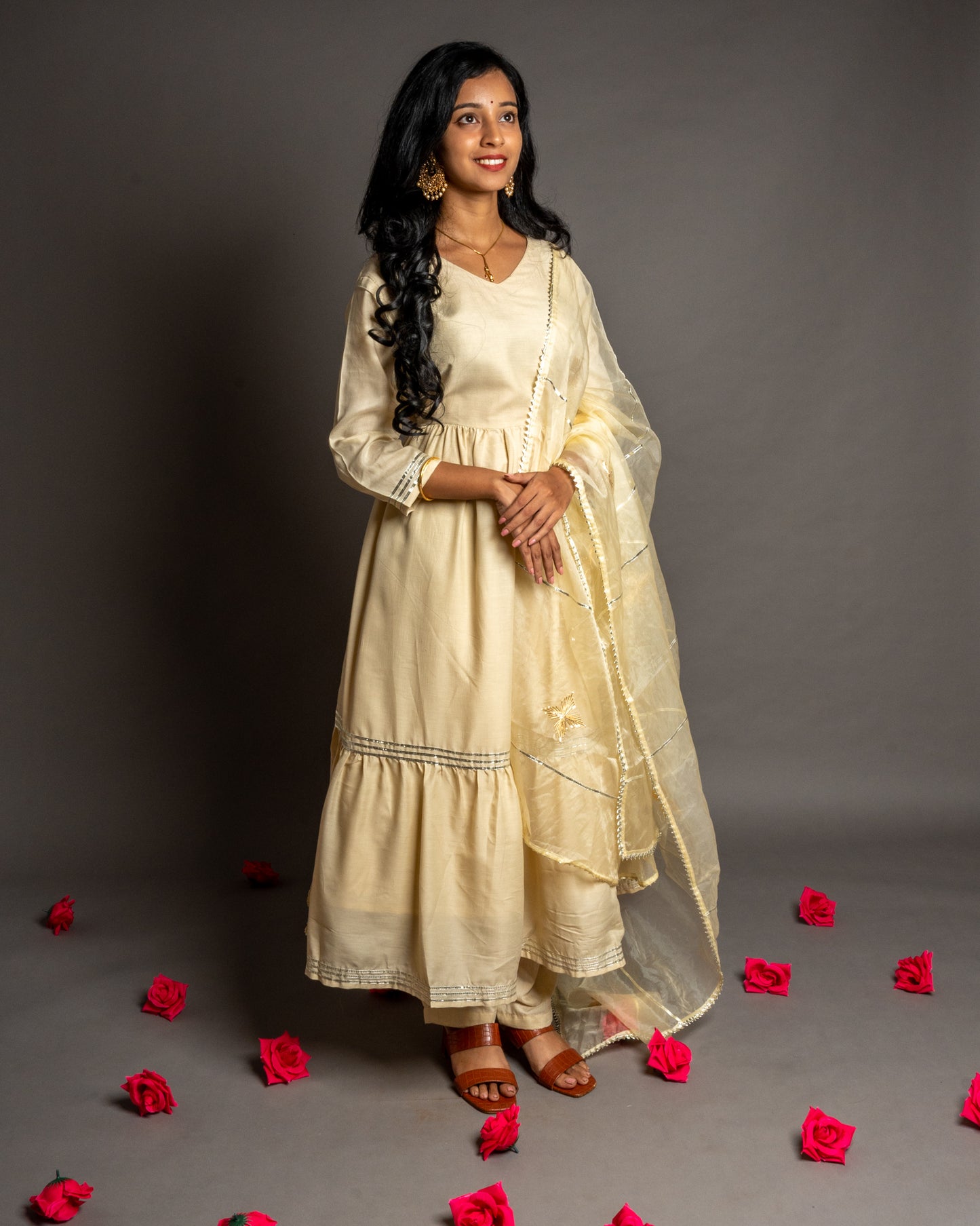 Pastel Cream Gotta Patti Anarkali Muslin Cotton Festive Suit