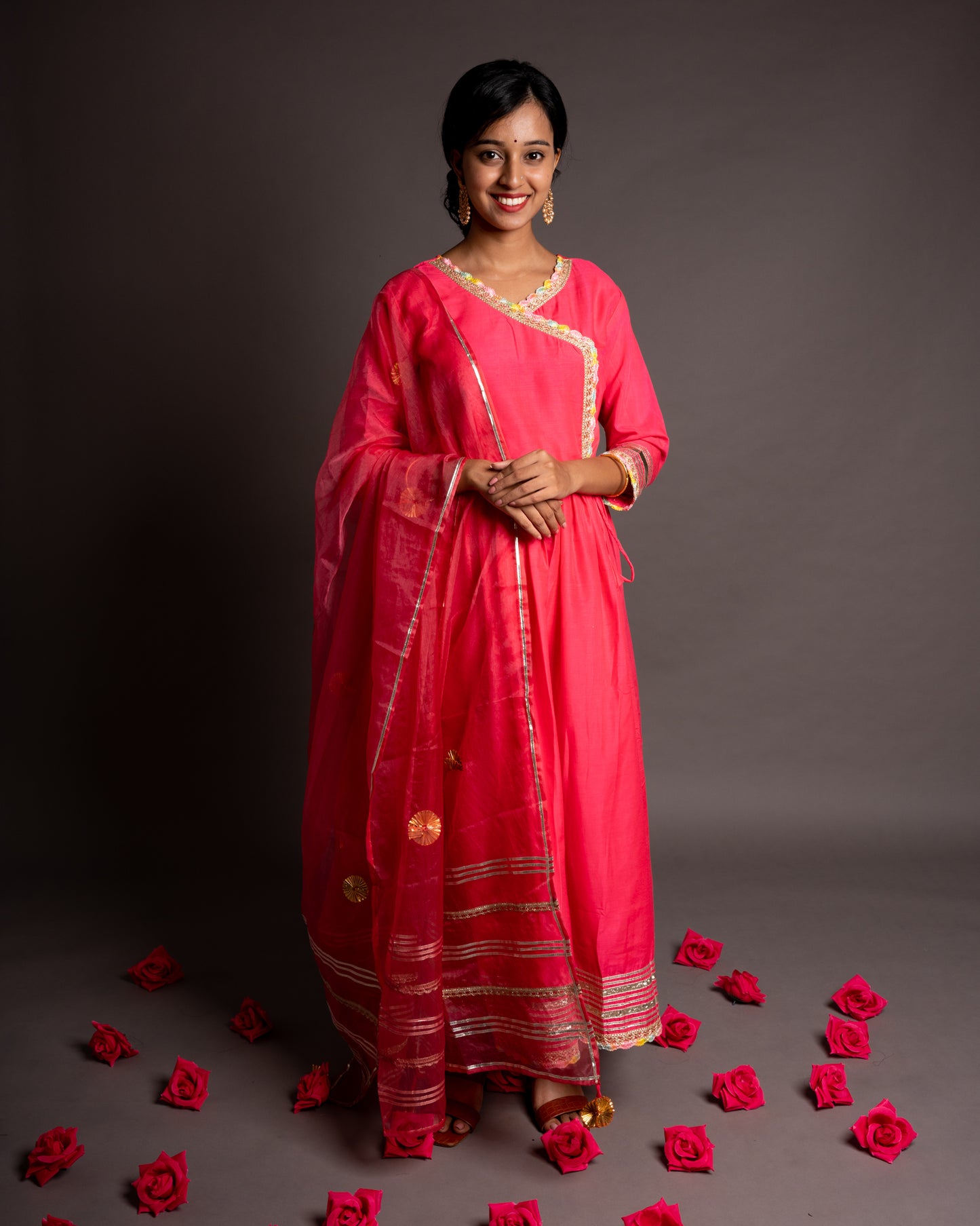 Rose Pink Gotta Patti Angrakha Muslin Cotton Festive Suit
