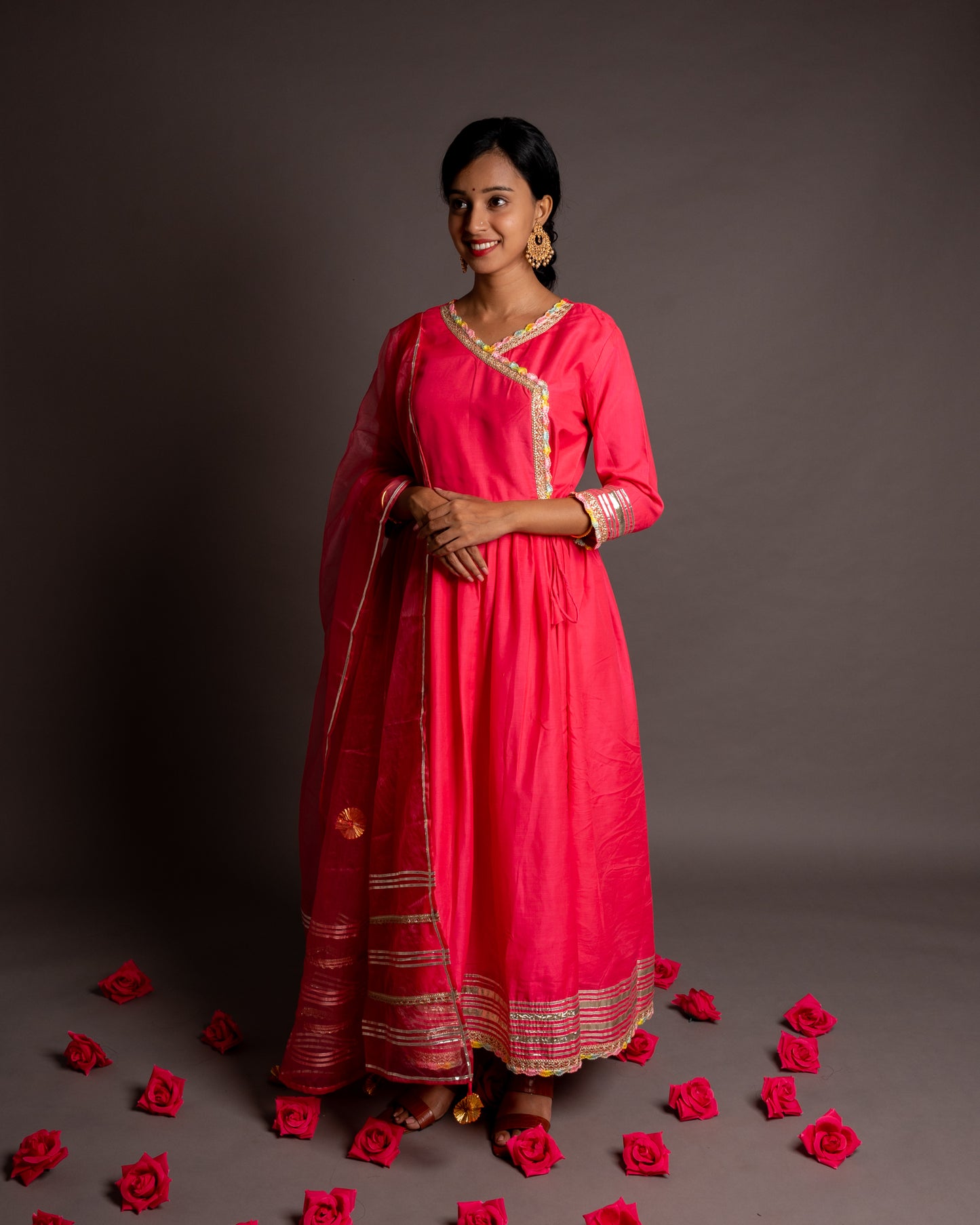 Rose Pink Gotta Patti Angrakha Muslin Cotton Festive Suit