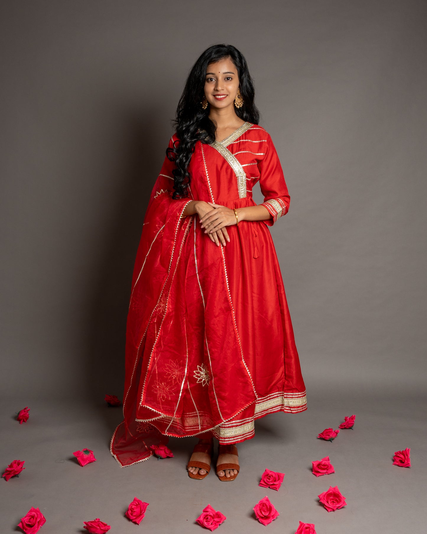 Tomato Red Gotta Patti Angrakha Muslin Cotton Festive Suit