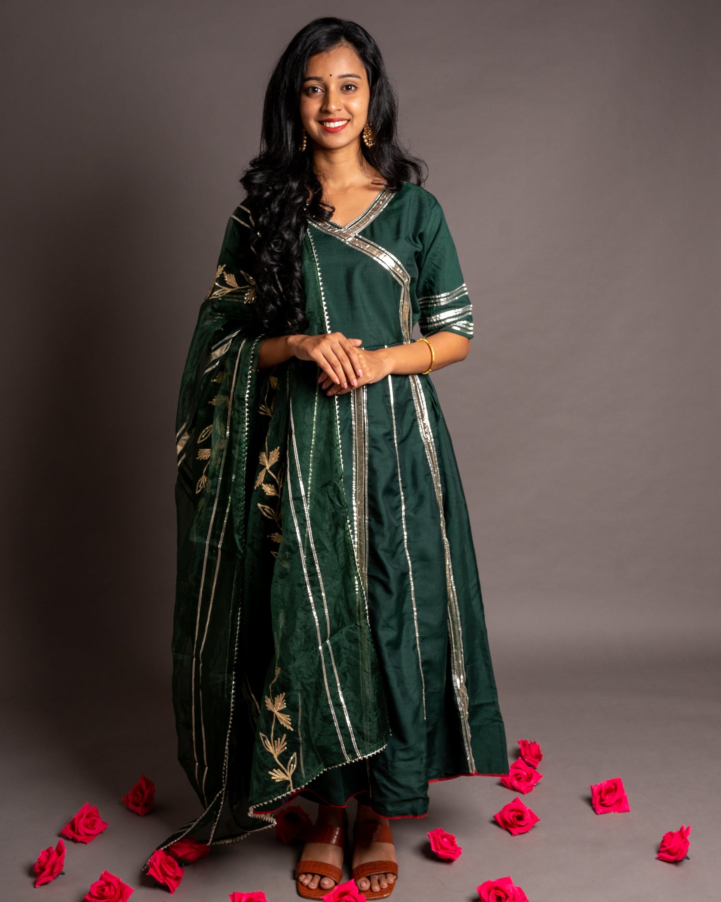 Forest Green Gotta Patti Angrakha Muslin Cotton Festive Suit